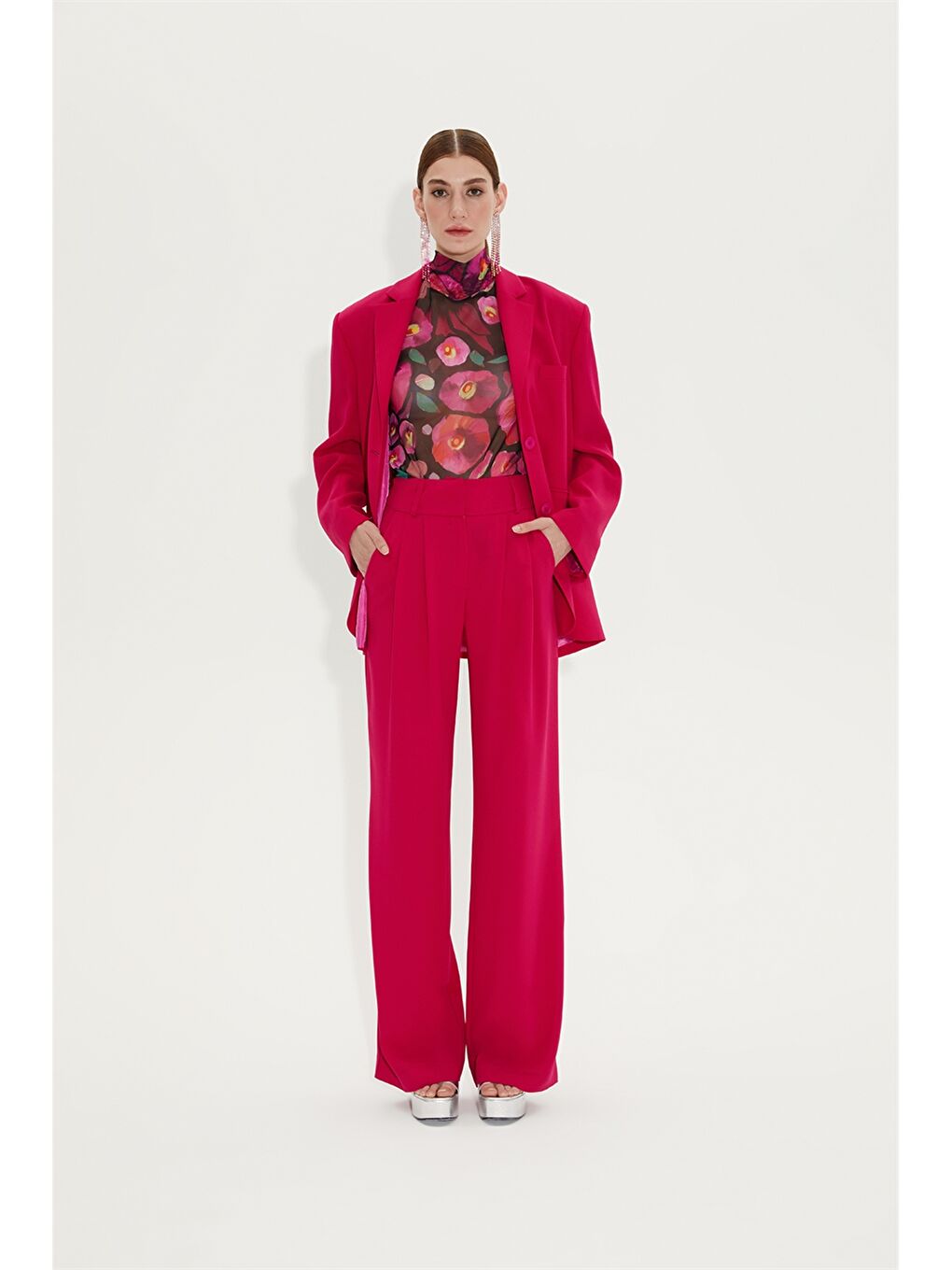 Fuşya Dik Yaka Çiçekli Uzun Kollu Kadın Tişört-2