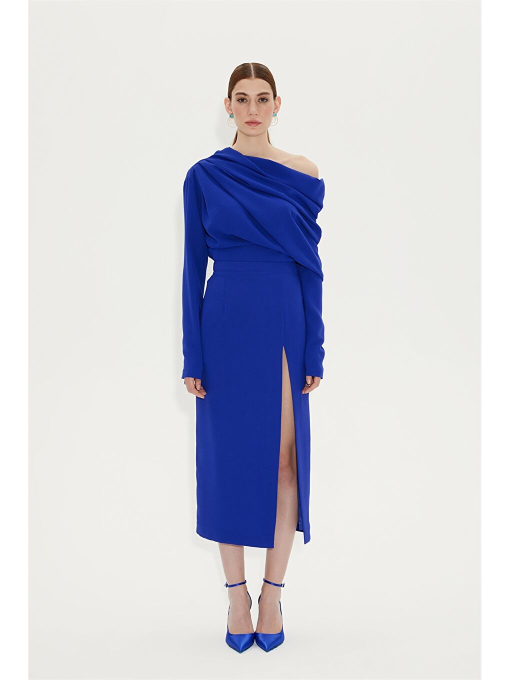 Mavi Kayık Yaka Düz Uzun Kollu Kadın Bluz-3