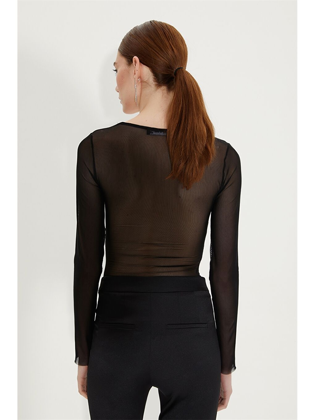 Siyah Kalp Yaka Düz Uzun Kollu Kadın Bodysuit-2