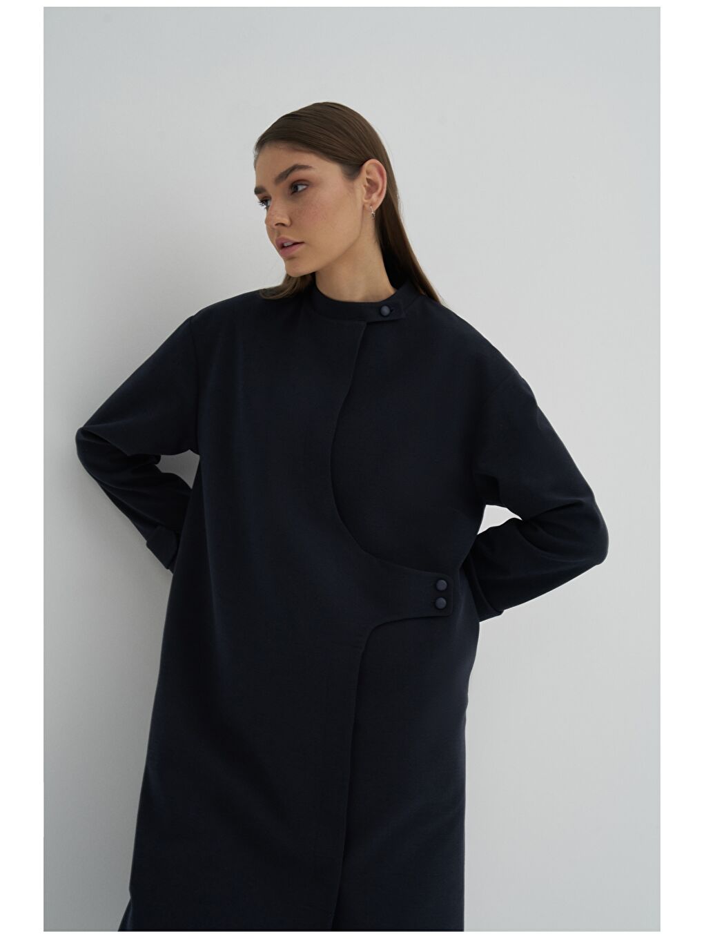 Lacivert Hakim Yaka Düz Uzun Kollu Kadın Kaşe Kaban-2