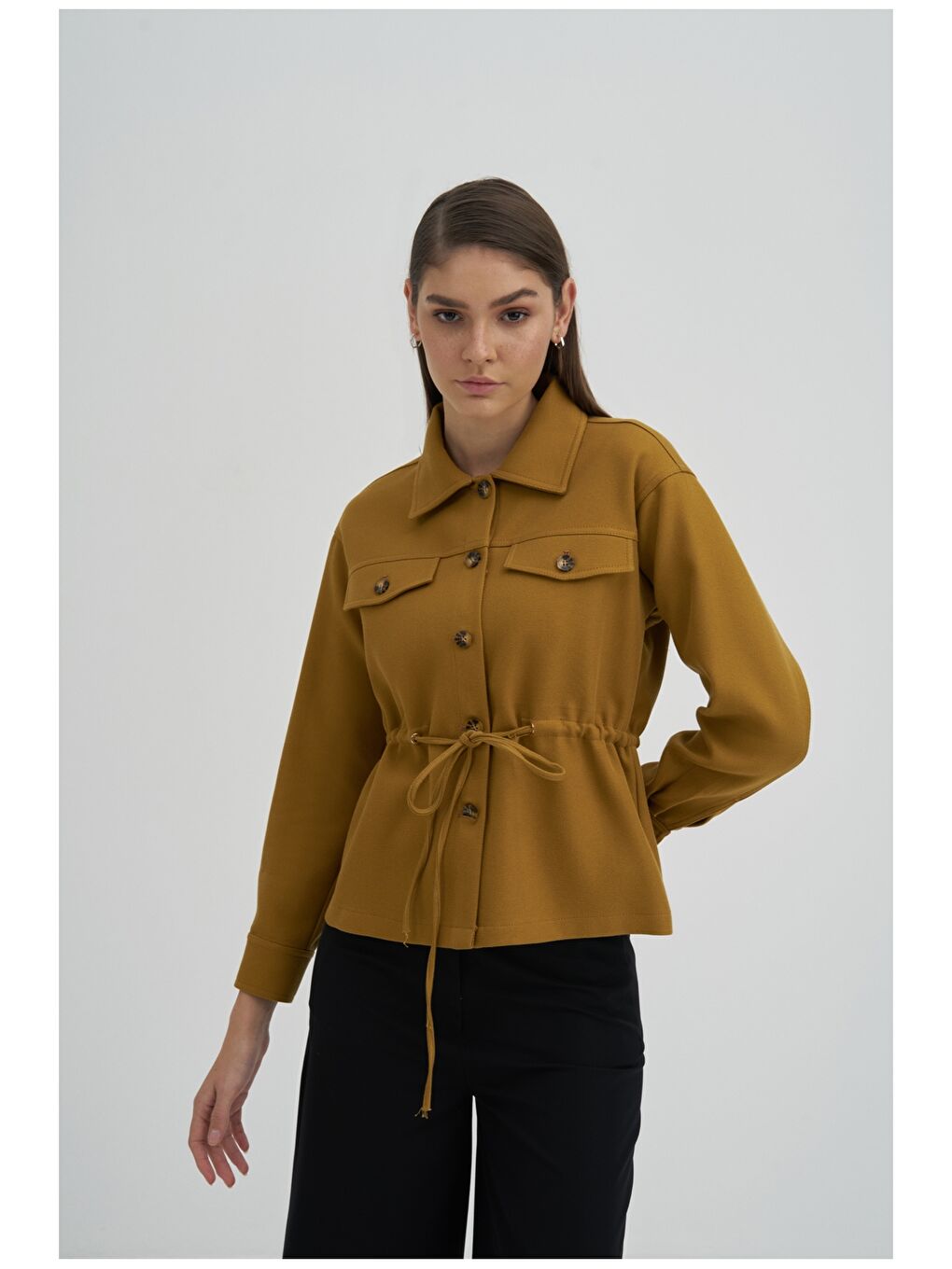 Sarı Gömlek Yaka Düz Uzun Kollu Kadın Ceket