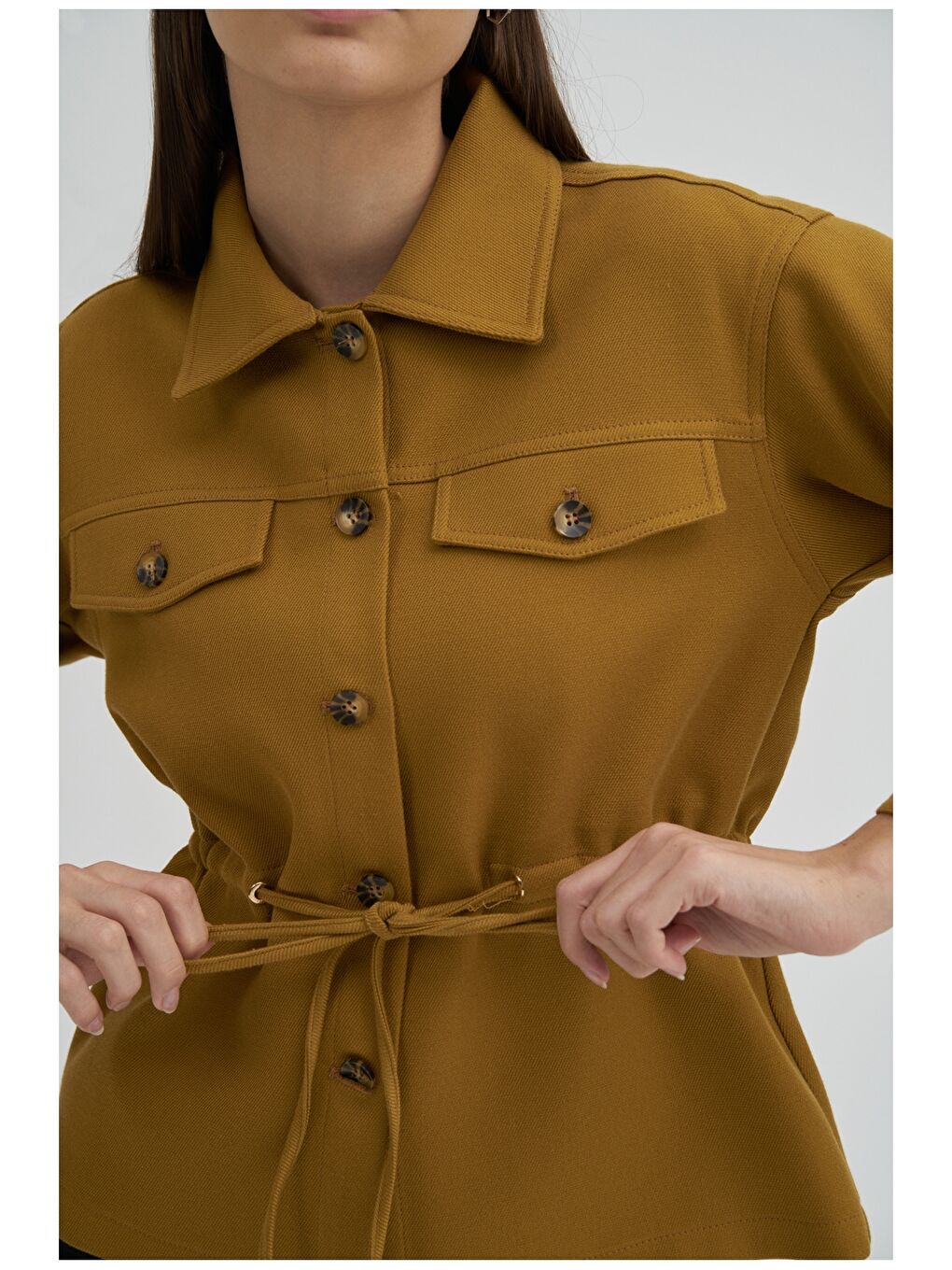 Sarı Gömlek Yaka Düz Uzun Kollu Kadın Ceket-1