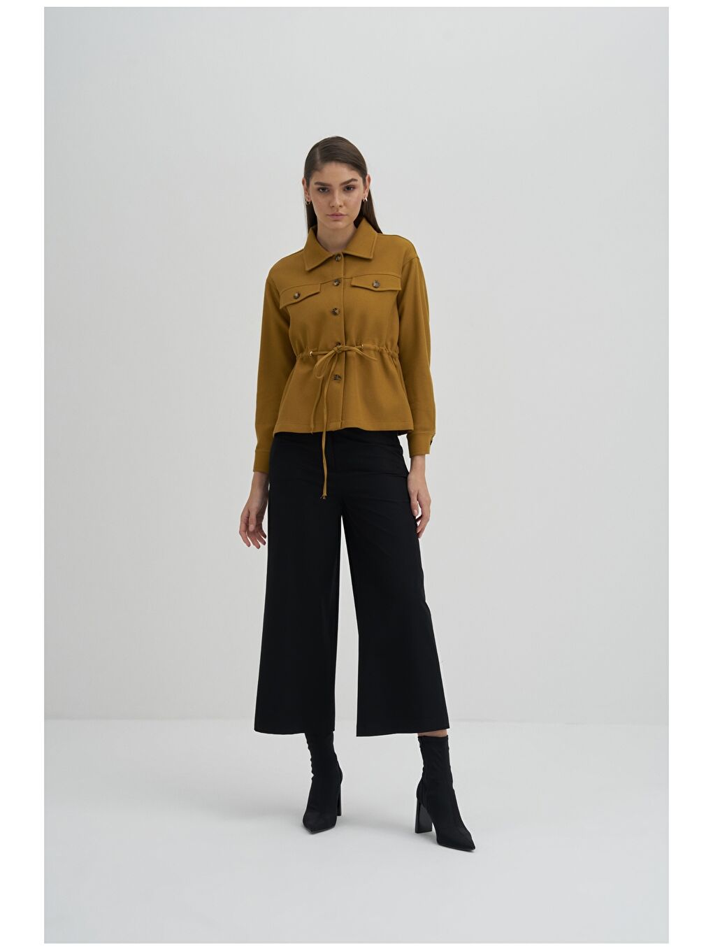 Sarı Gömlek Yaka Düz Uzun Kollu Kadın Ceket-2