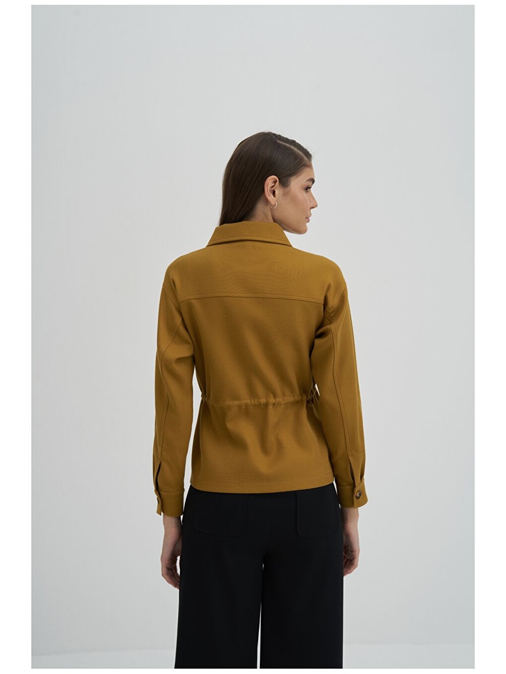 Sarı Gömlek Yaka Düz Uzun Kollu Kadın Ceket-3