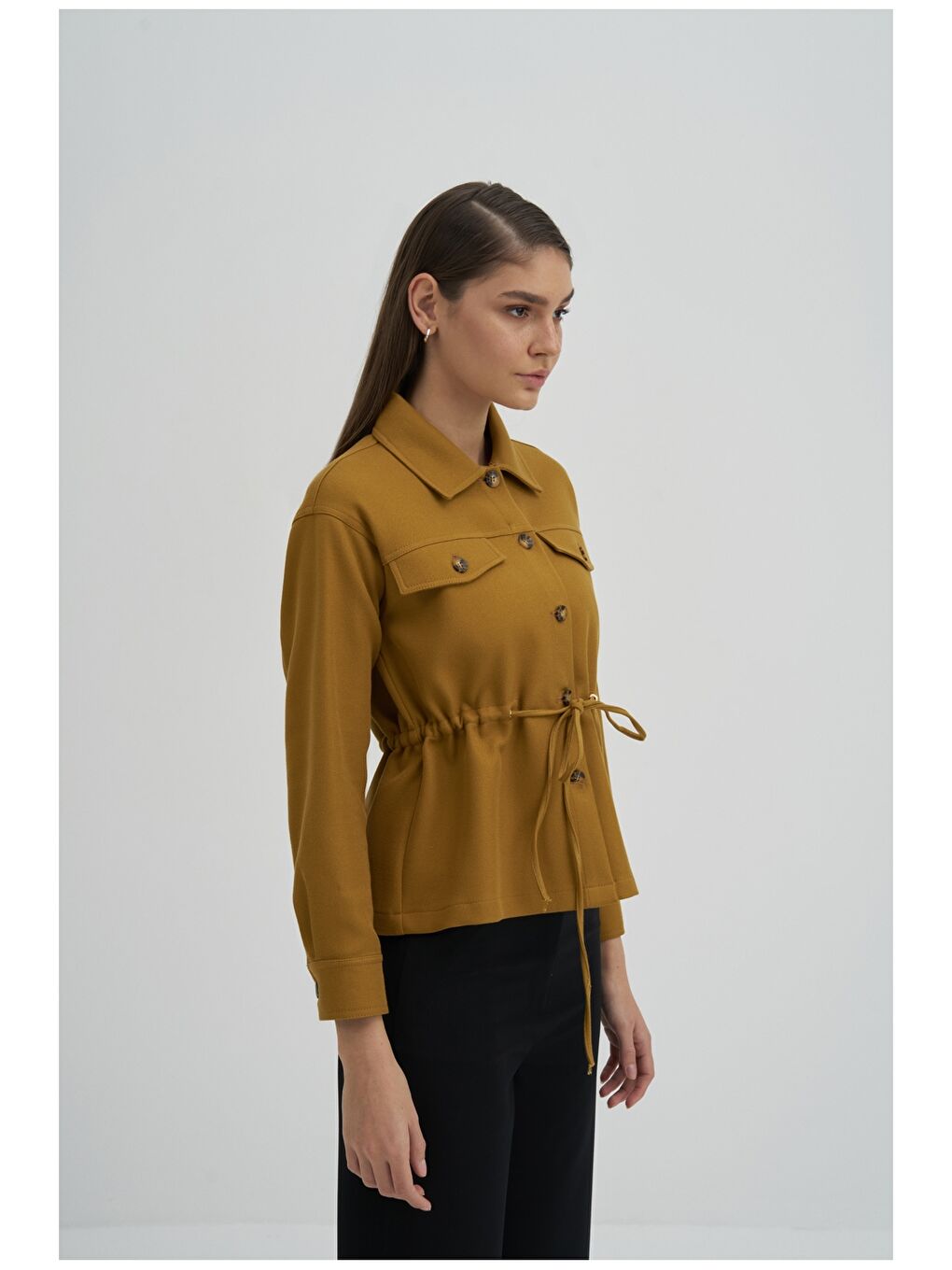 Sarı Gömlek Yaka Düz Uzun Kollu Kadın Ceket-4