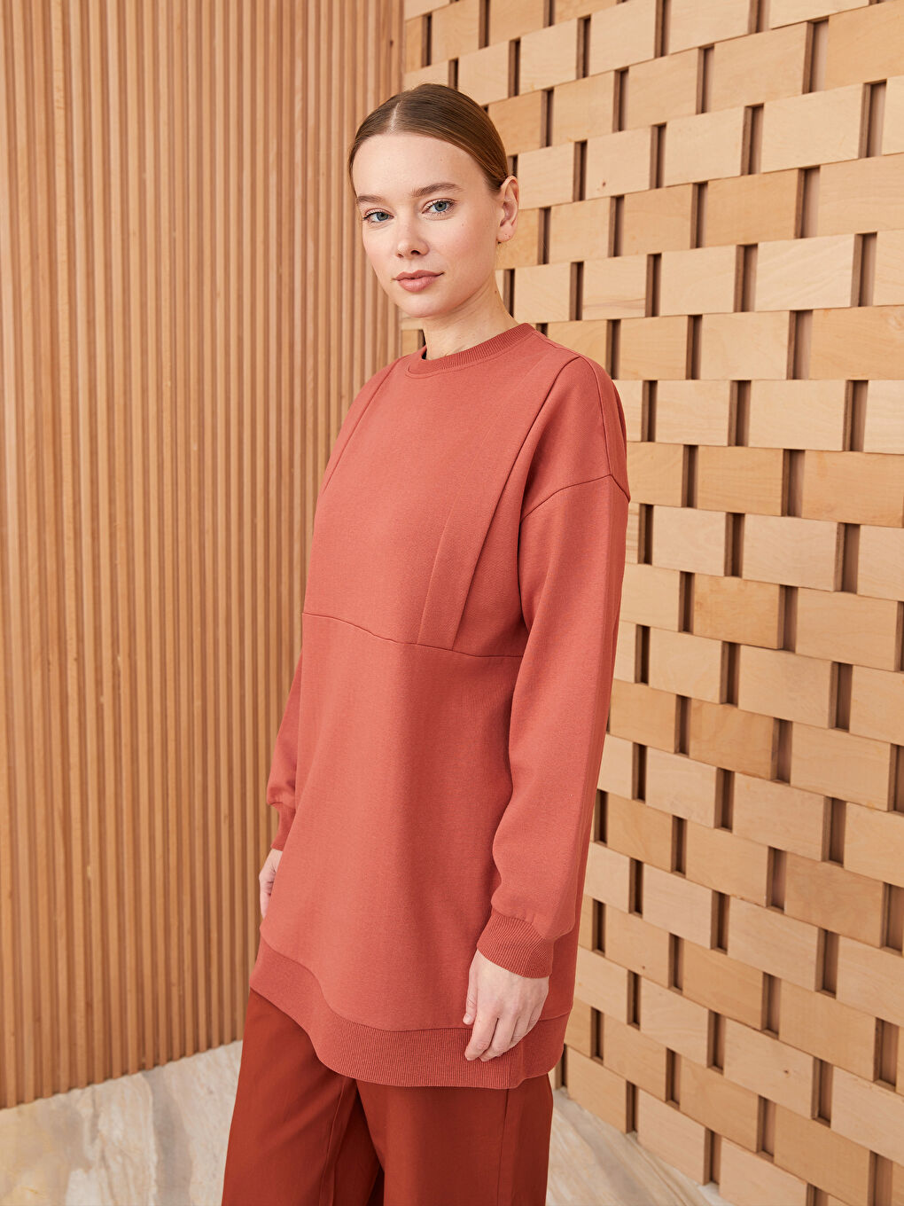 Kahverengi Bisiklet Yaka Düz Uzun Kollu Kadın Sweatshirt-1