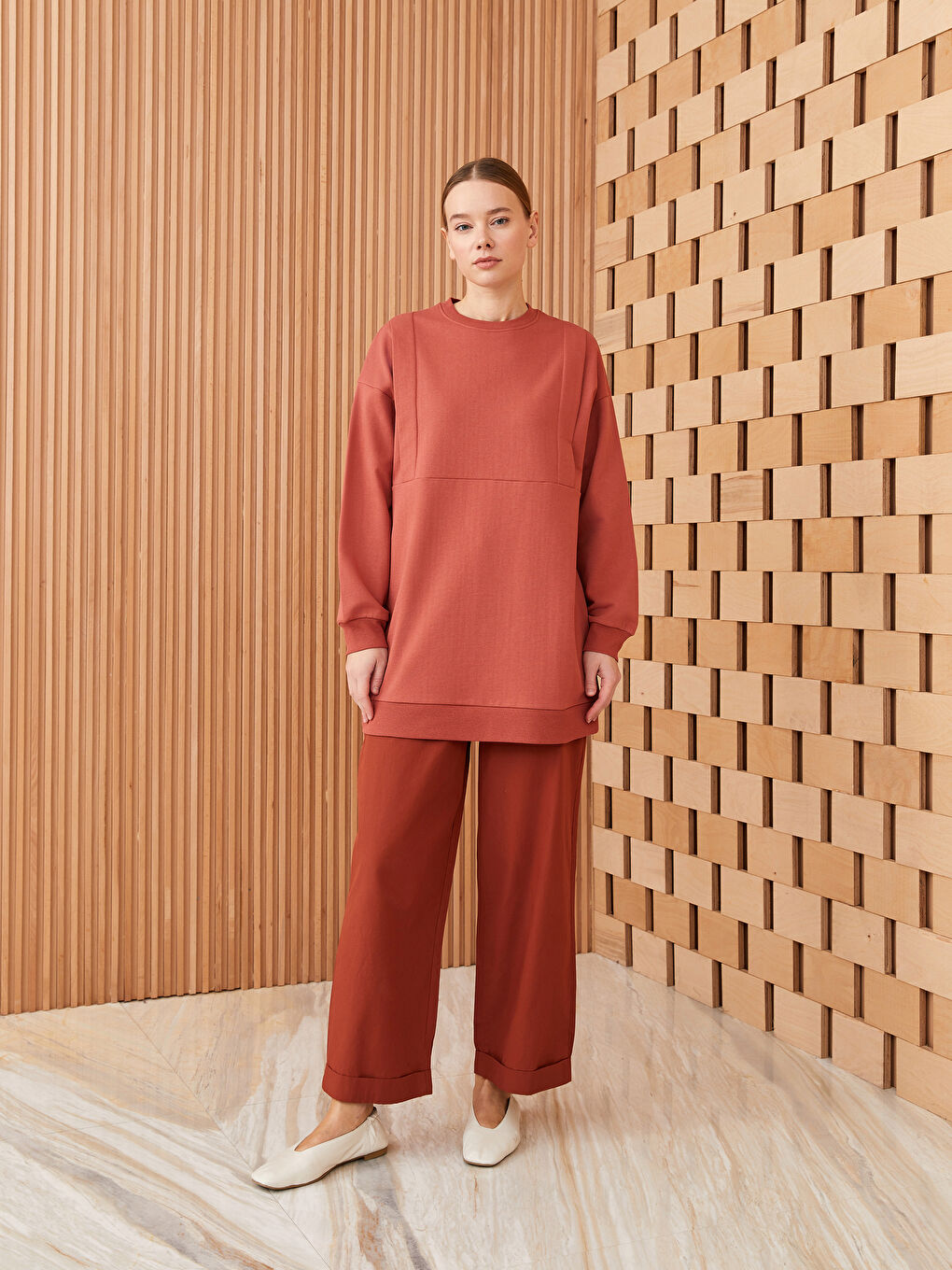 Kahverengi Bisiklet Yaka Düz Uzun Kollu Kadın Sweatshirt-2