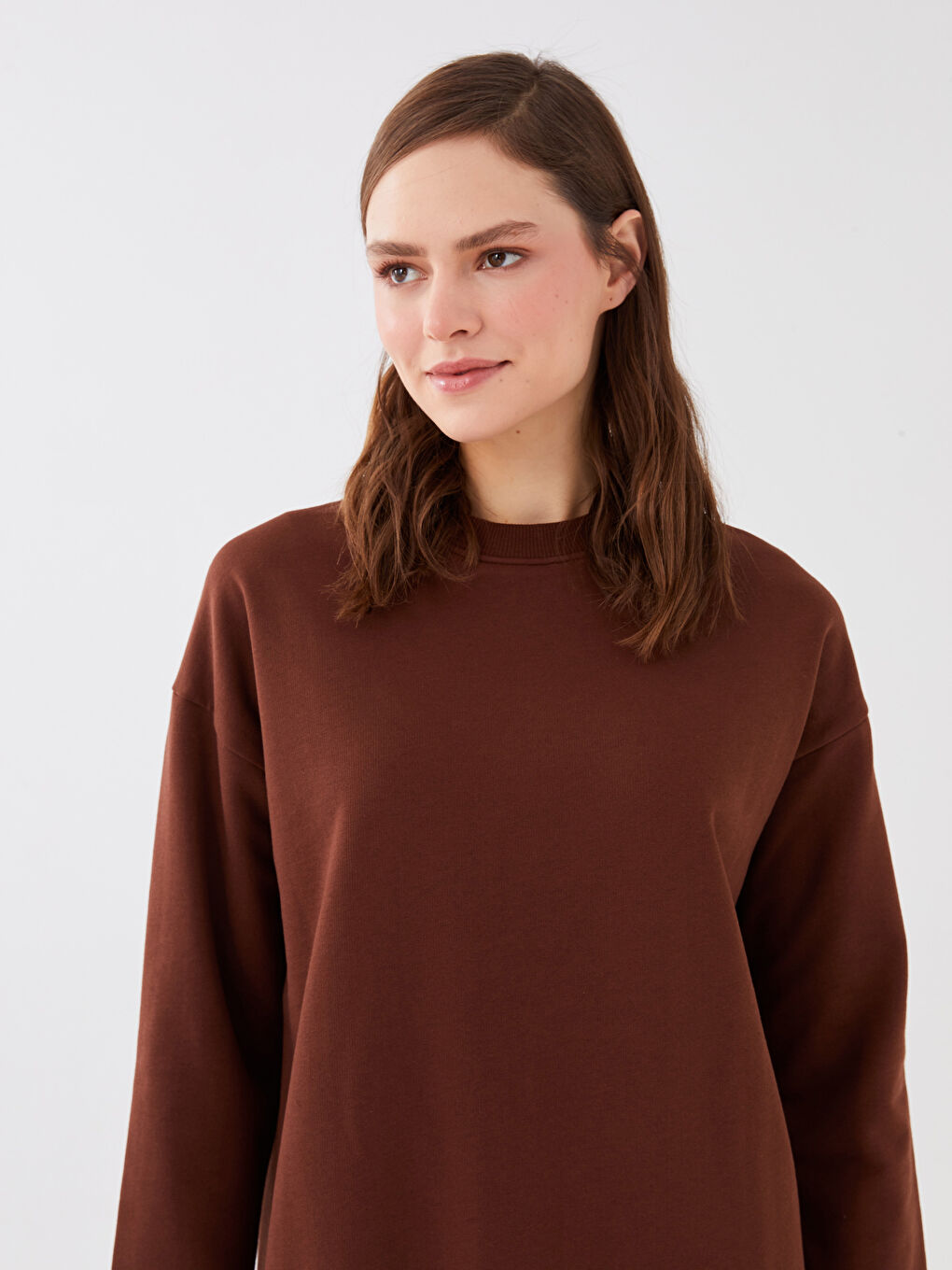 LCW Modest Bisiklet Yaka Düz Oversize Kadın Sweatshirt Tunik -W2KA09Z8-SWU