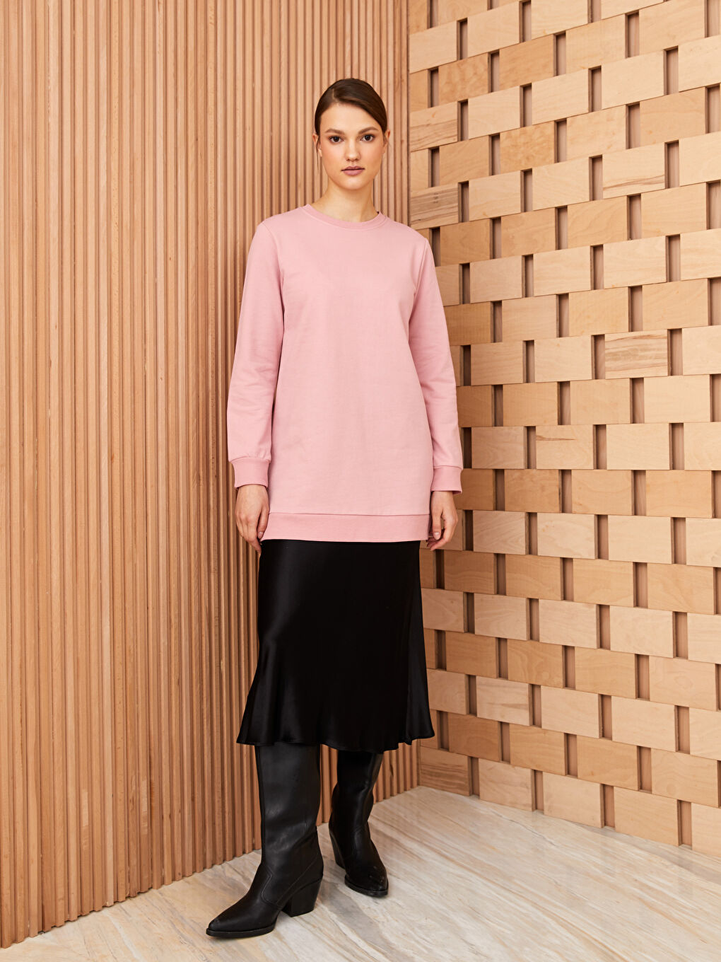 Crew Neck Plain Long Sleeve Women's Sweatshirt Tunic-2