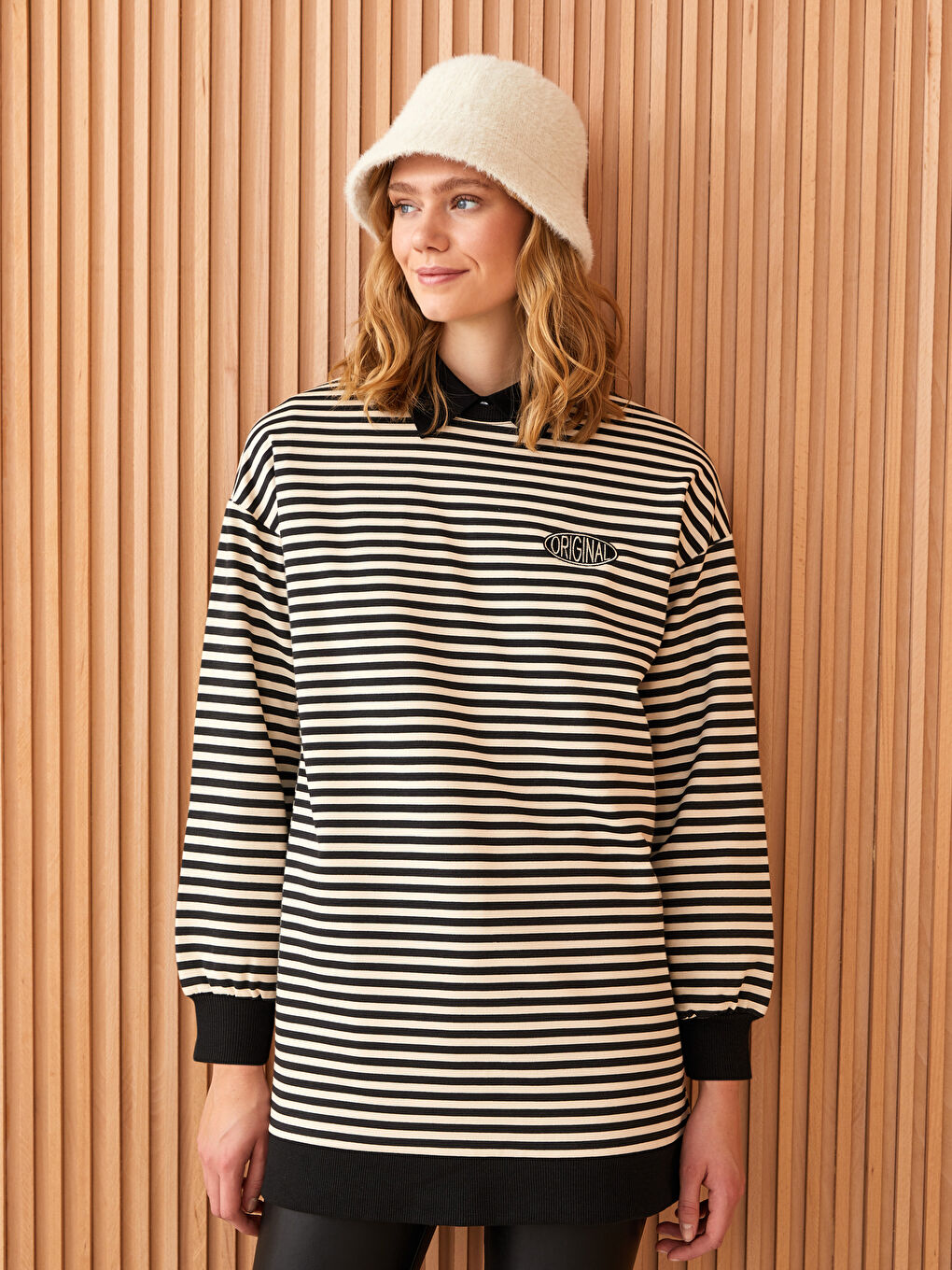 Siyah Çizgili Oversize Kadın Sweatshirt Tunik