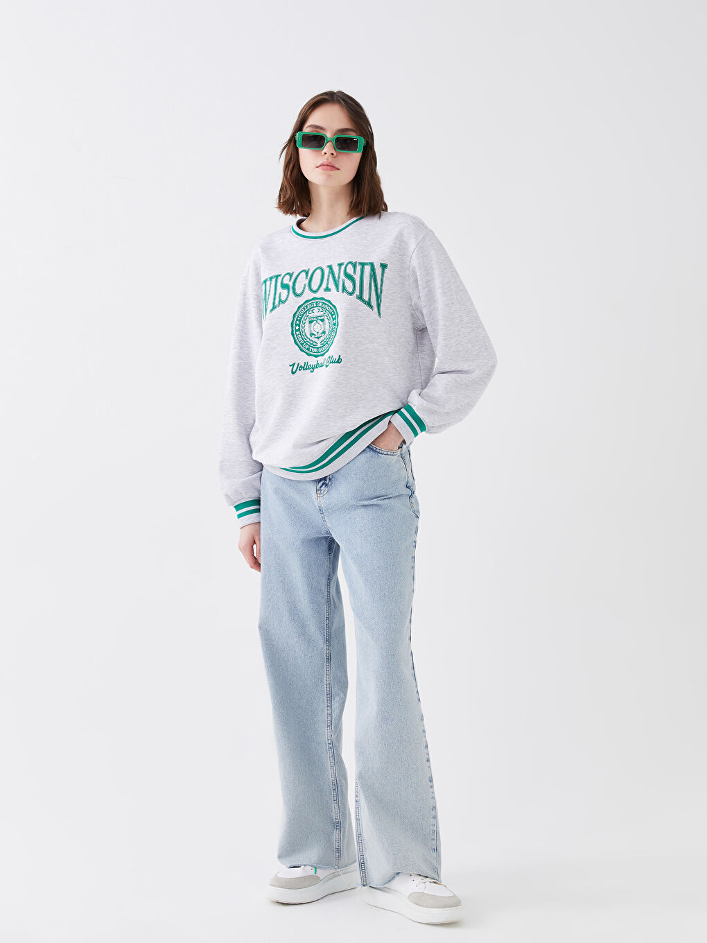 Gri Bisiklet Yaka Baskılı Uzun Kollu Kadın Sweatshirt-1