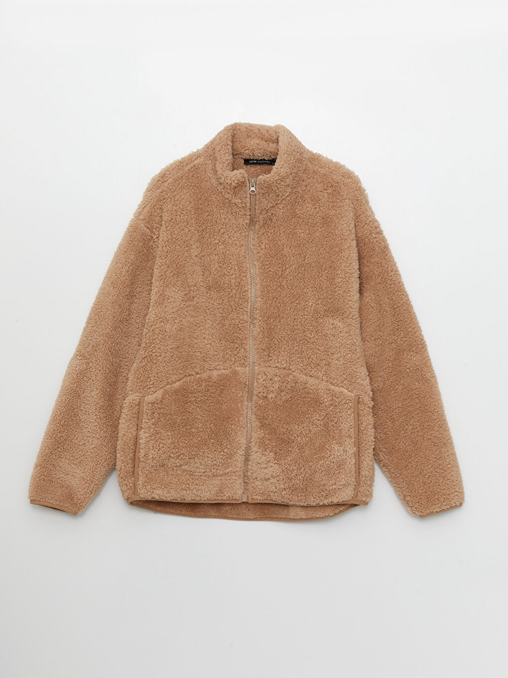 Bej Dik Yaka Düz Uzun Kollu Oversize Pelüş Kadın Spor Hırka-5