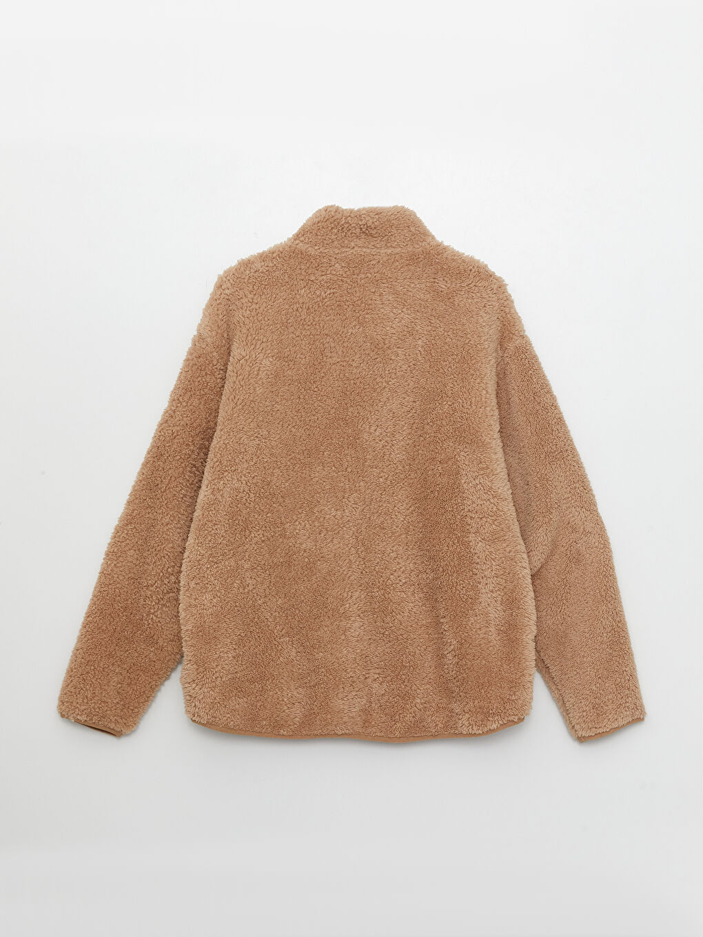 Bej Dik Yaka Düz Uzun Kollu Oversize Pelüş Kadın Spor Hırka-6