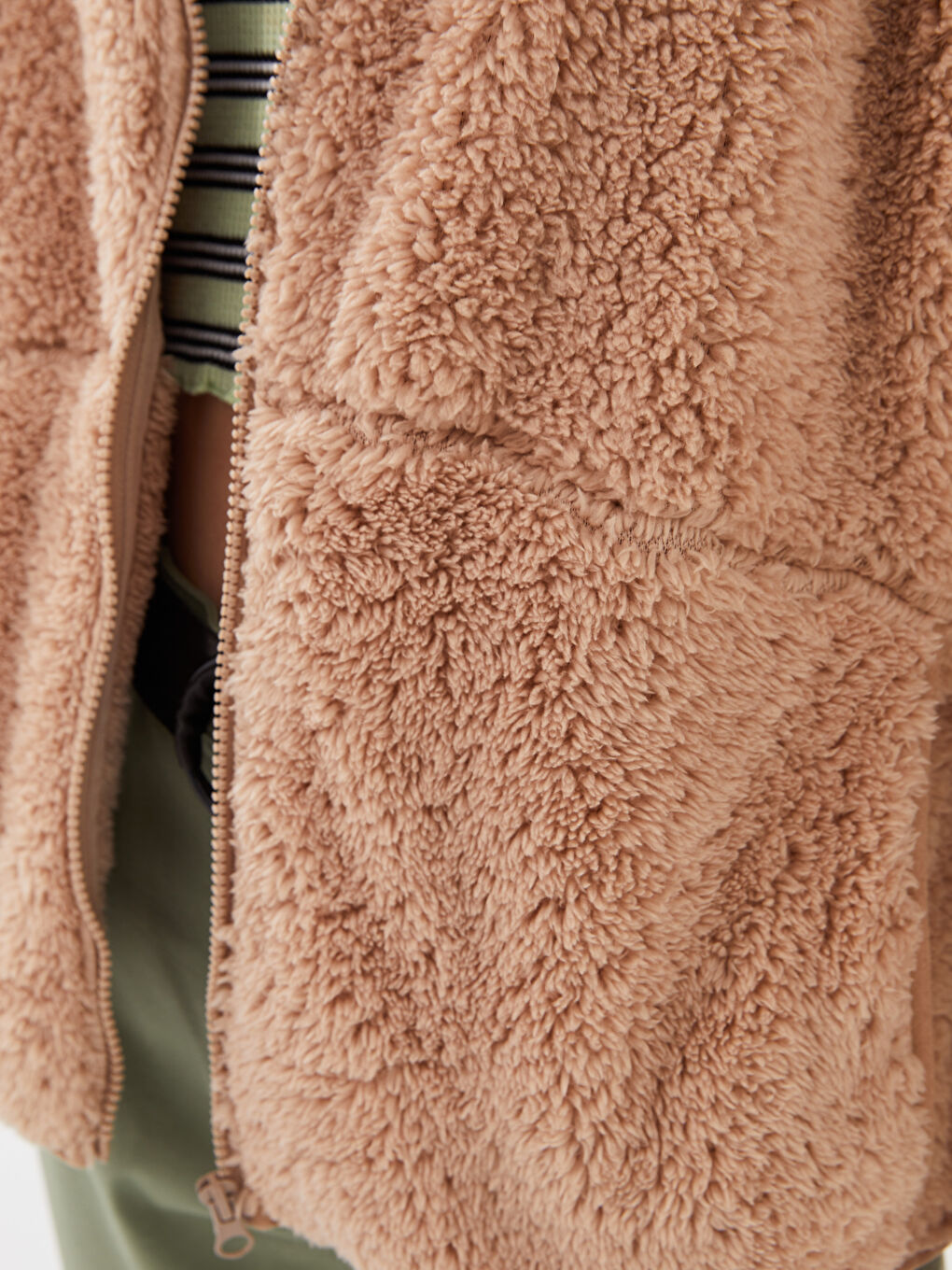 Bej Dik Yaka Düz Uzun Kollu Oversize Pelüş Kadın Spor Hırka-3