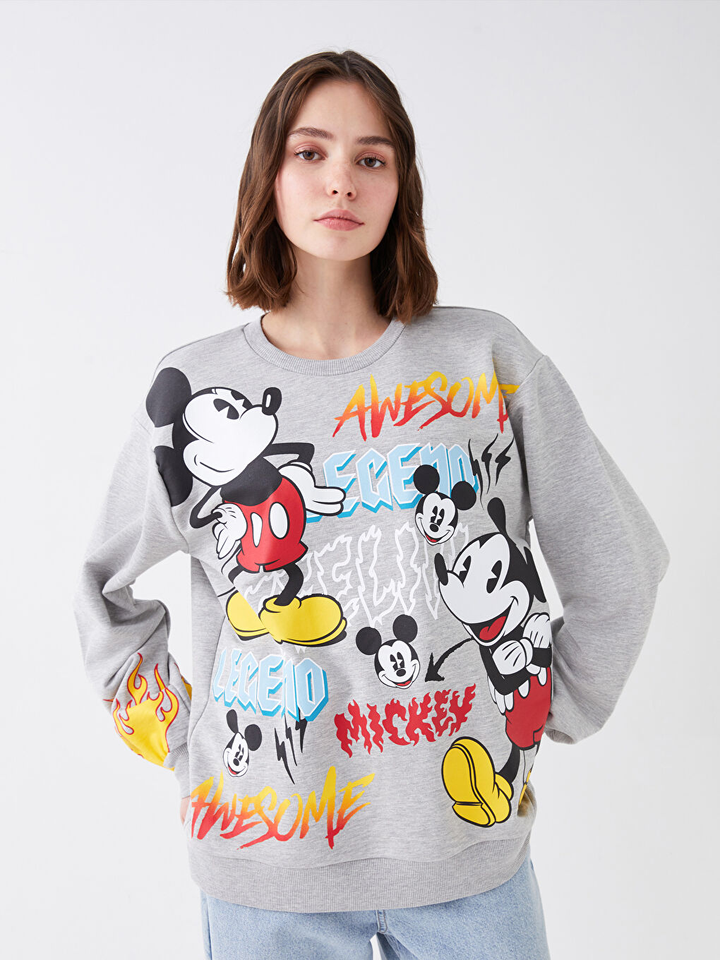 XSIDE Gri Bisiklet Yaka Mickey Mouse Baskılı Kadın Kalın Sweatshirt - 1