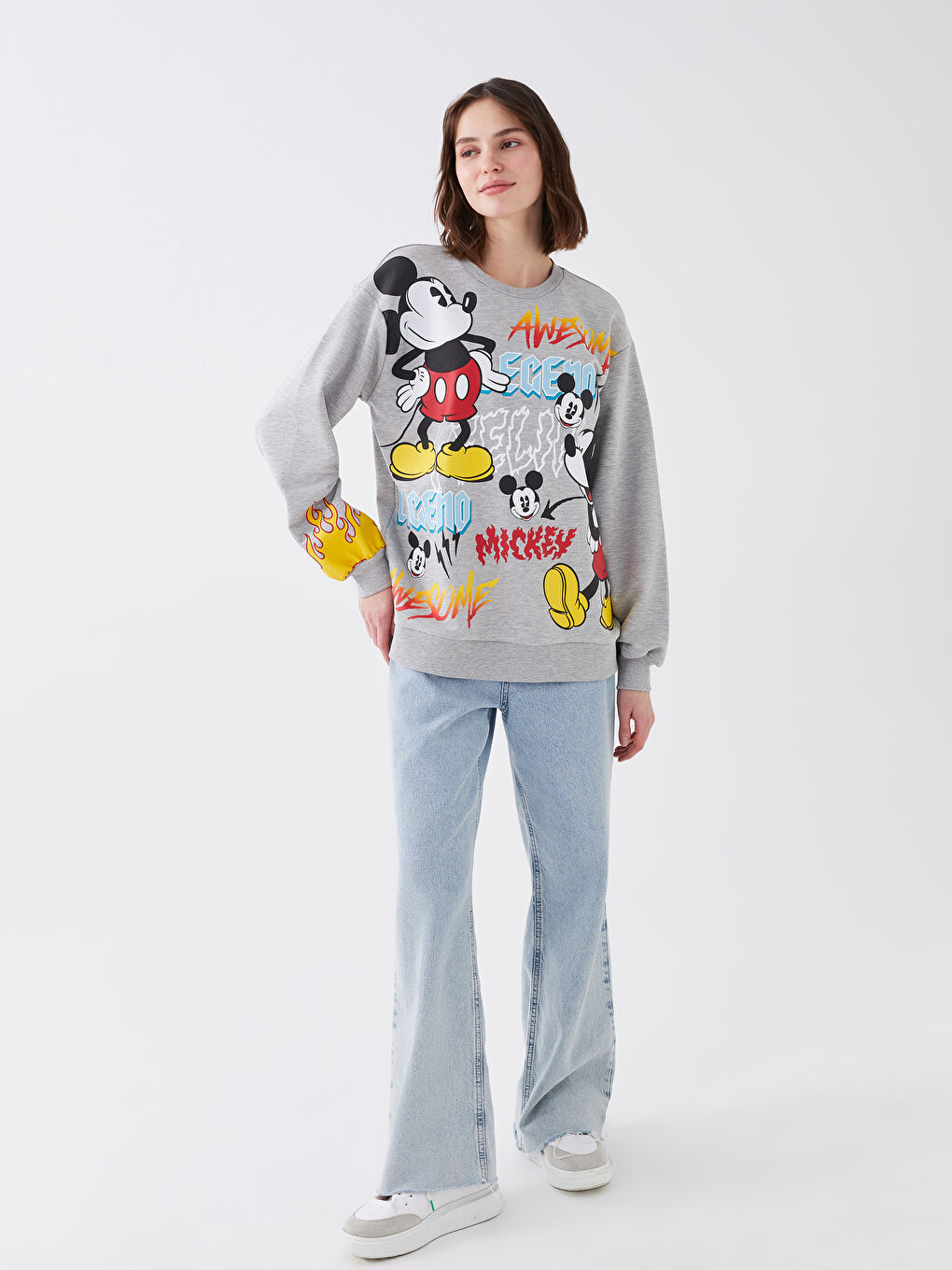 XSIDE Gri Bisiklet Yaka Mickey Mouse Baskılı Kadın Kalın Sweatshirt - 2