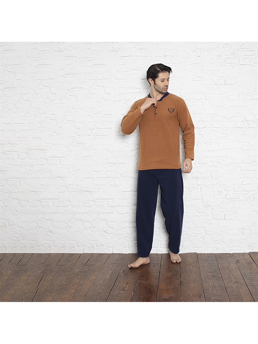 Kahverengi Standart Kalıp Polar Erkek Pijama Takımı