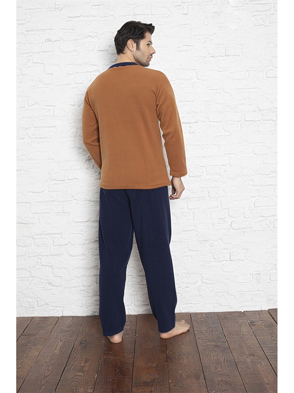 Kahverengi Standart Kalıp Polar Erkek Pijama Takımı-1