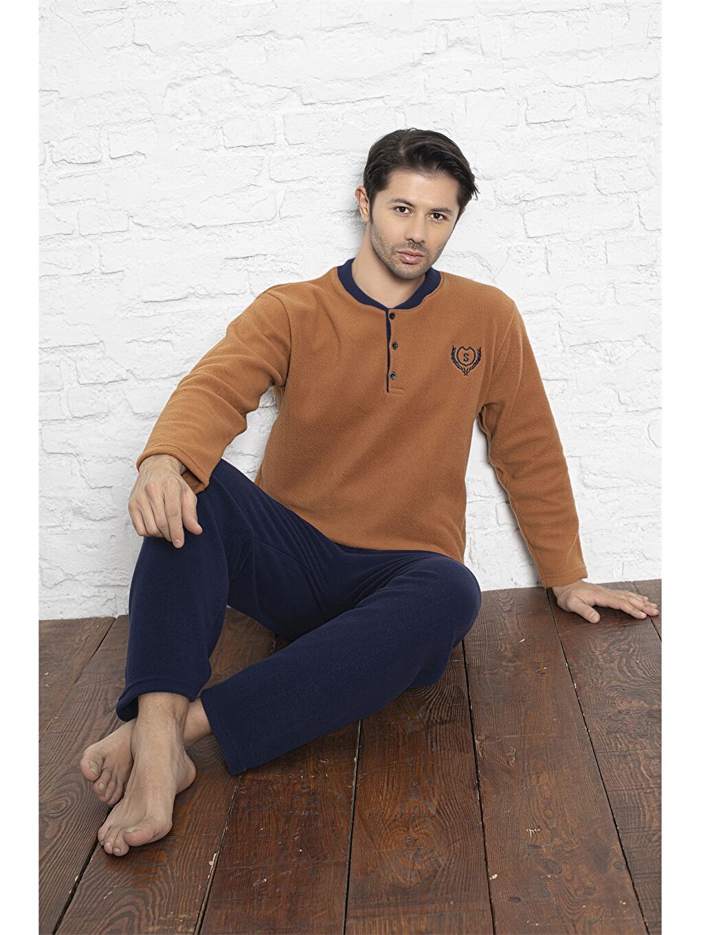 Kahverengi Standart Kalıp Polar Erkek Pijama Takımı-2