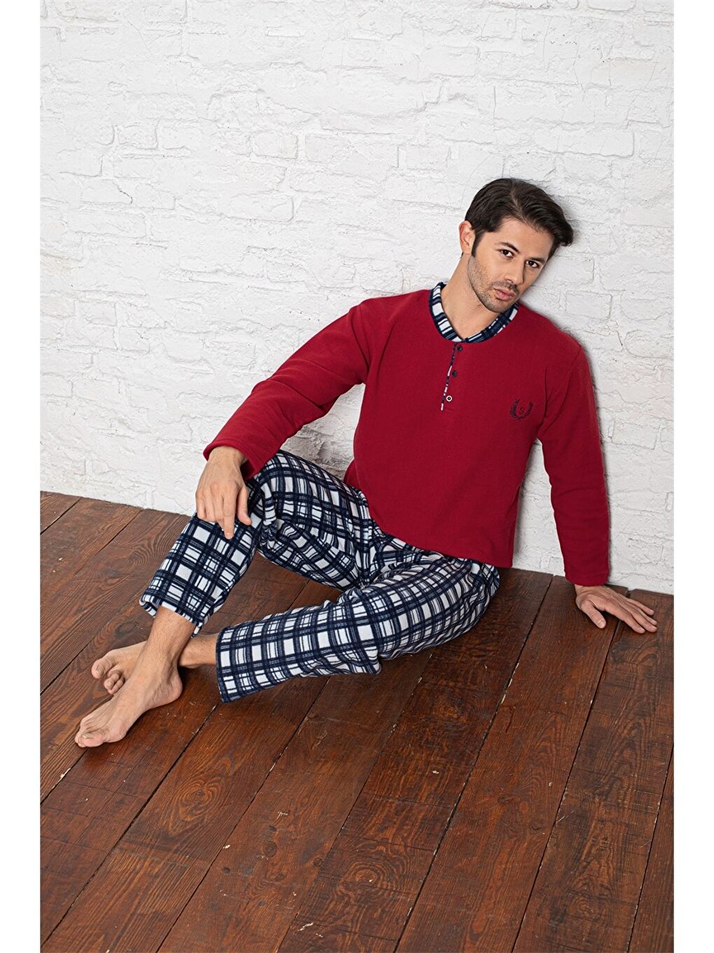 Kırmızı Standart Kalıp Polar Erkek Pijama Takımı-1