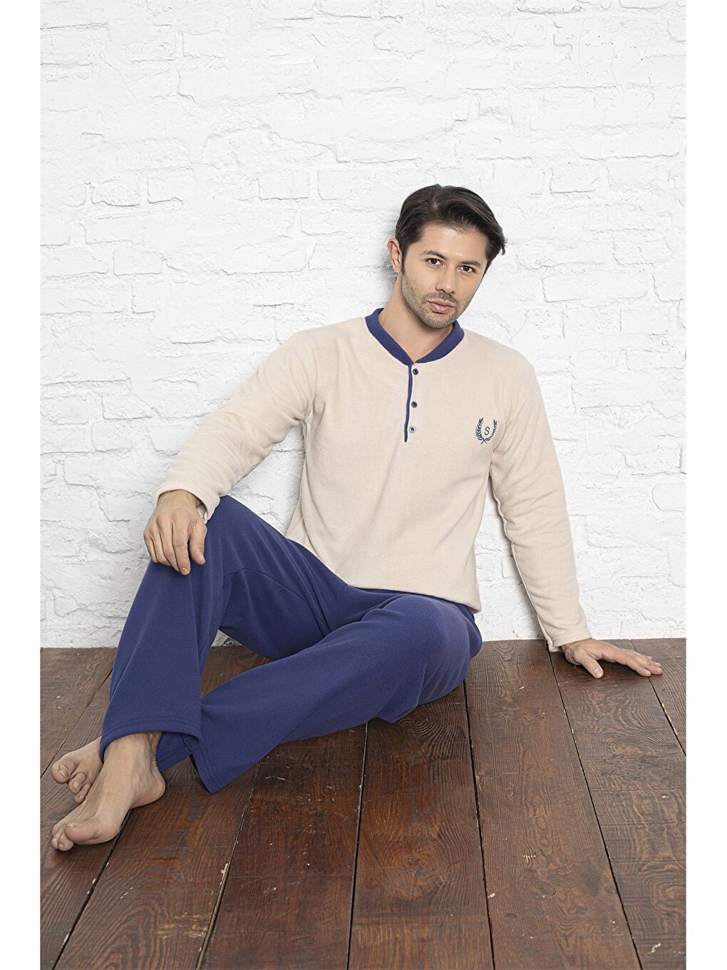 Ekru Standart Kalıp Polar Erkek Pijama Takımı-2