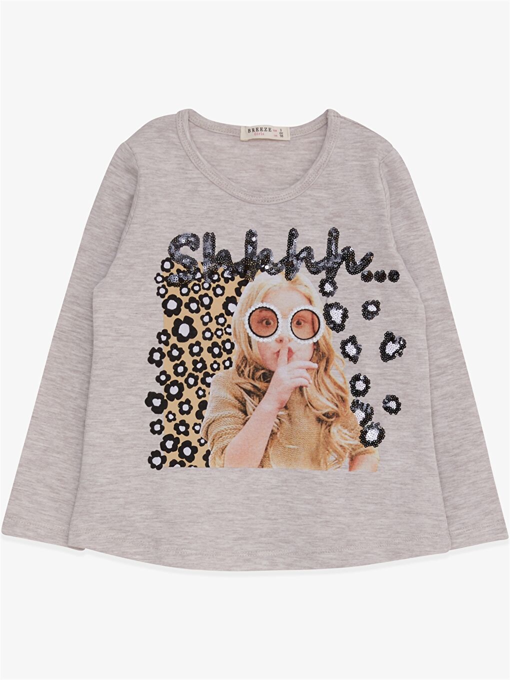 Bej Bisiklet Yaka Baskılı Uzun Kollu Kız Çocuk Tişört