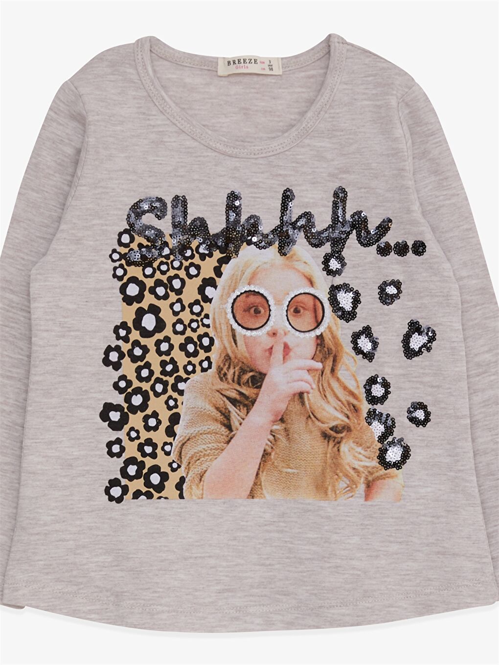 Bej Bisiklet Yaka Baskılı Uzun Kollu Kız Çocuk Tişört-2