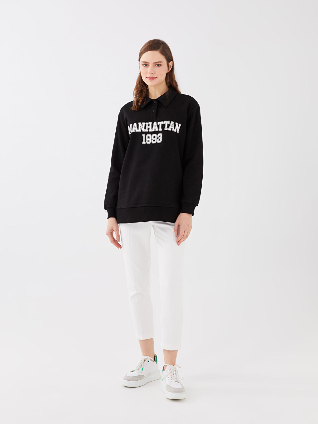 LCW Modest Polo Yaka Baskılı Kadın Kalın Sweatshirt -W2KC29Z8-RQN