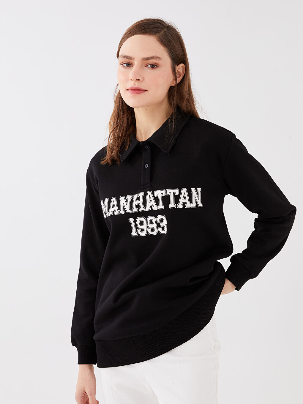LCW Modest Polo Yaka Baskılı Kadın Kalın Sweatshirt -W2KC29Z8-RQN