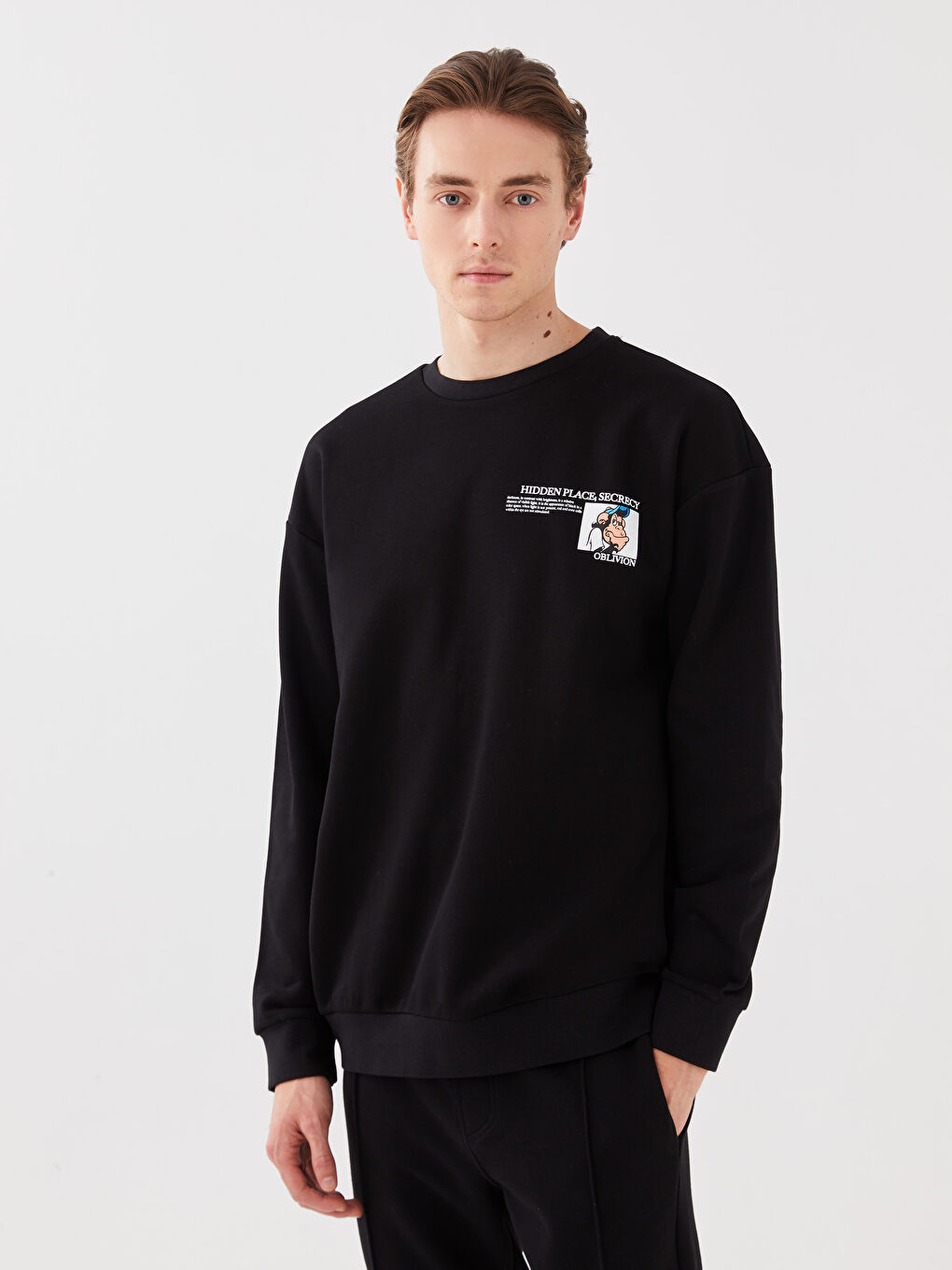 Siyah Bisiklet Yaka Uzun Kollu Nostaljik Maymun Baskılı Erkek Kalın Sweatshirt-1