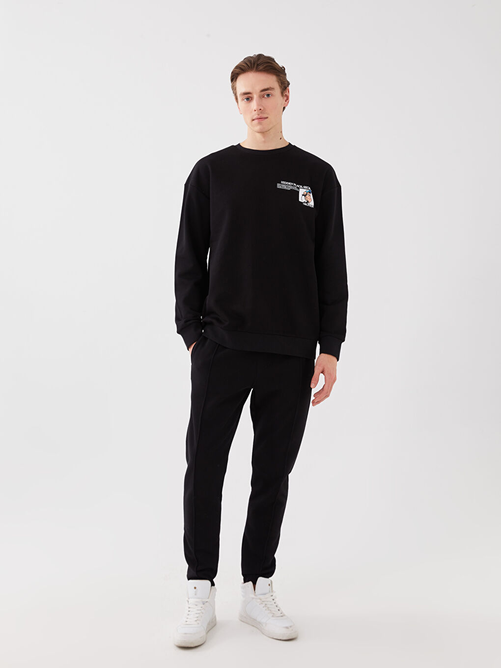 Siyah Bisiklet Yaka Uzun Kollu Nostaljik Maymun Baskılı Erkek Kalın Sweatshirt-2