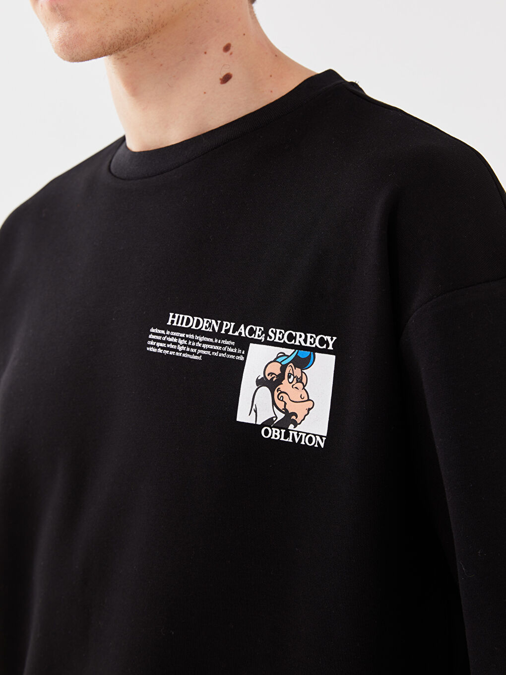 Siyah Bisiklet Yaka Uzun Kollu Nostaljik Maymun Baskılı Erkek Kalın Sweatshirt-3