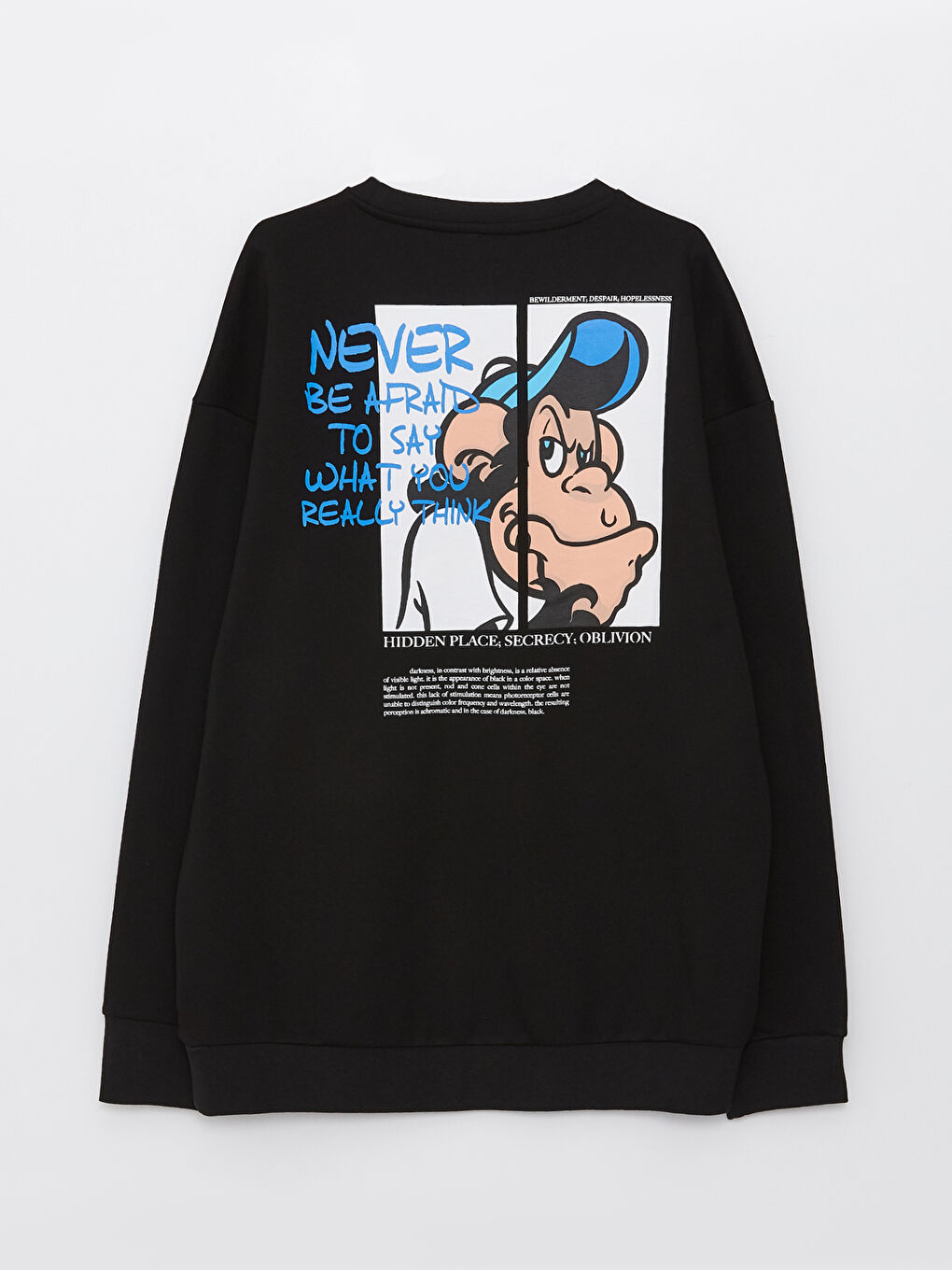 Siyah Bisiklet Yaka Uzun Kollu Nostaljik Maymun Baskılı Erkek Kalın Sweatshirt-6