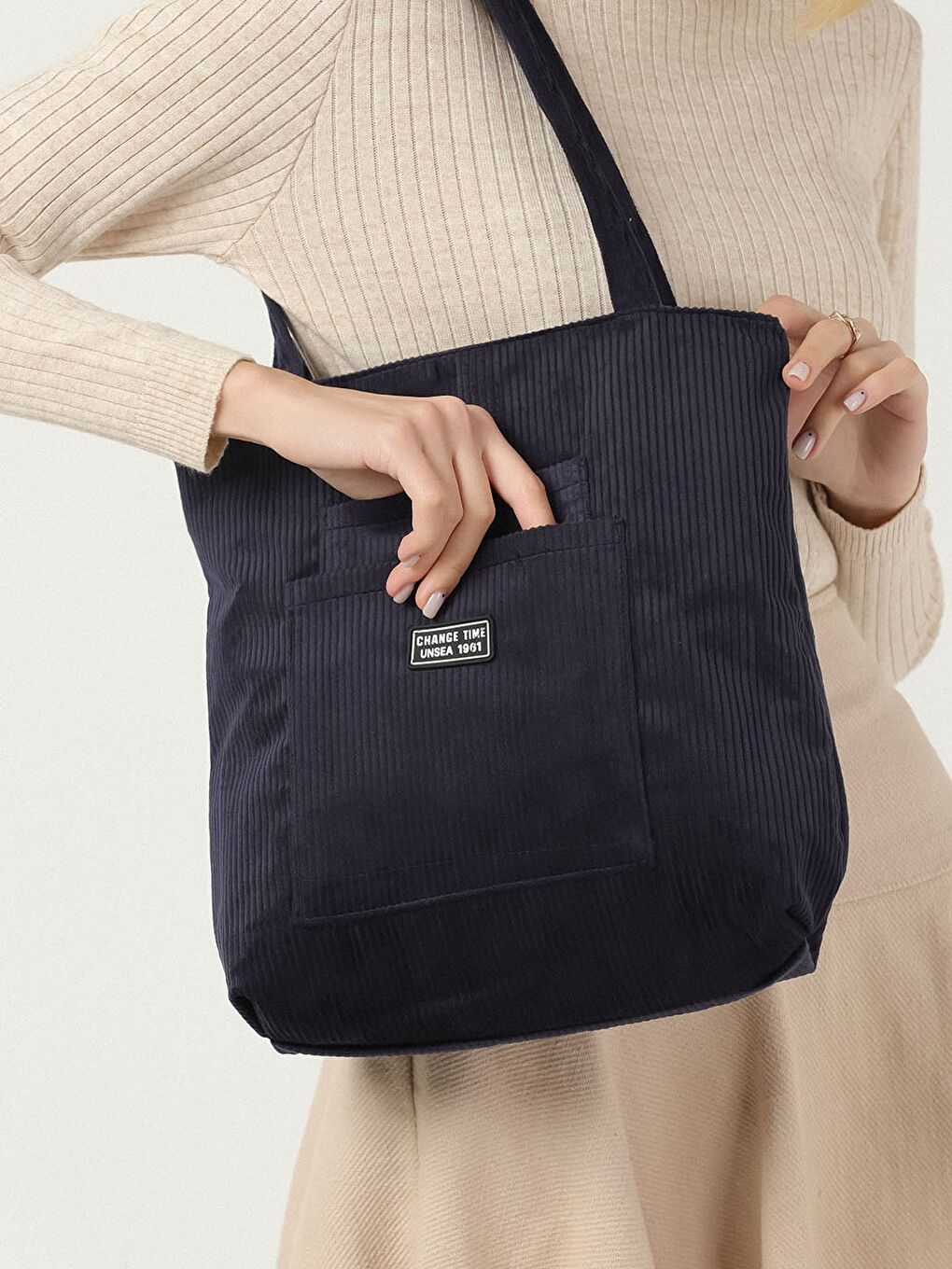 Lacivert Kadife Kadın Omuz Çantası-4