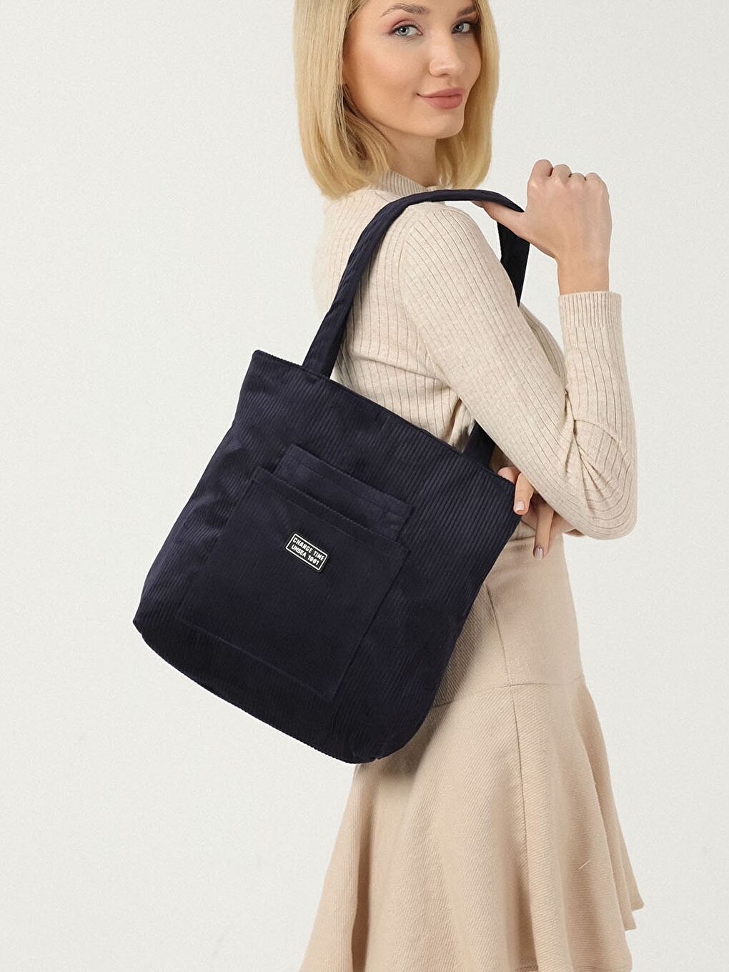 Lacivert Kadife Kadın Omuz Çantası-5