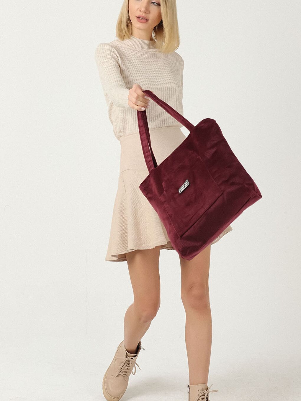 Bordo Kadife Kadın Omuz Çantası-1