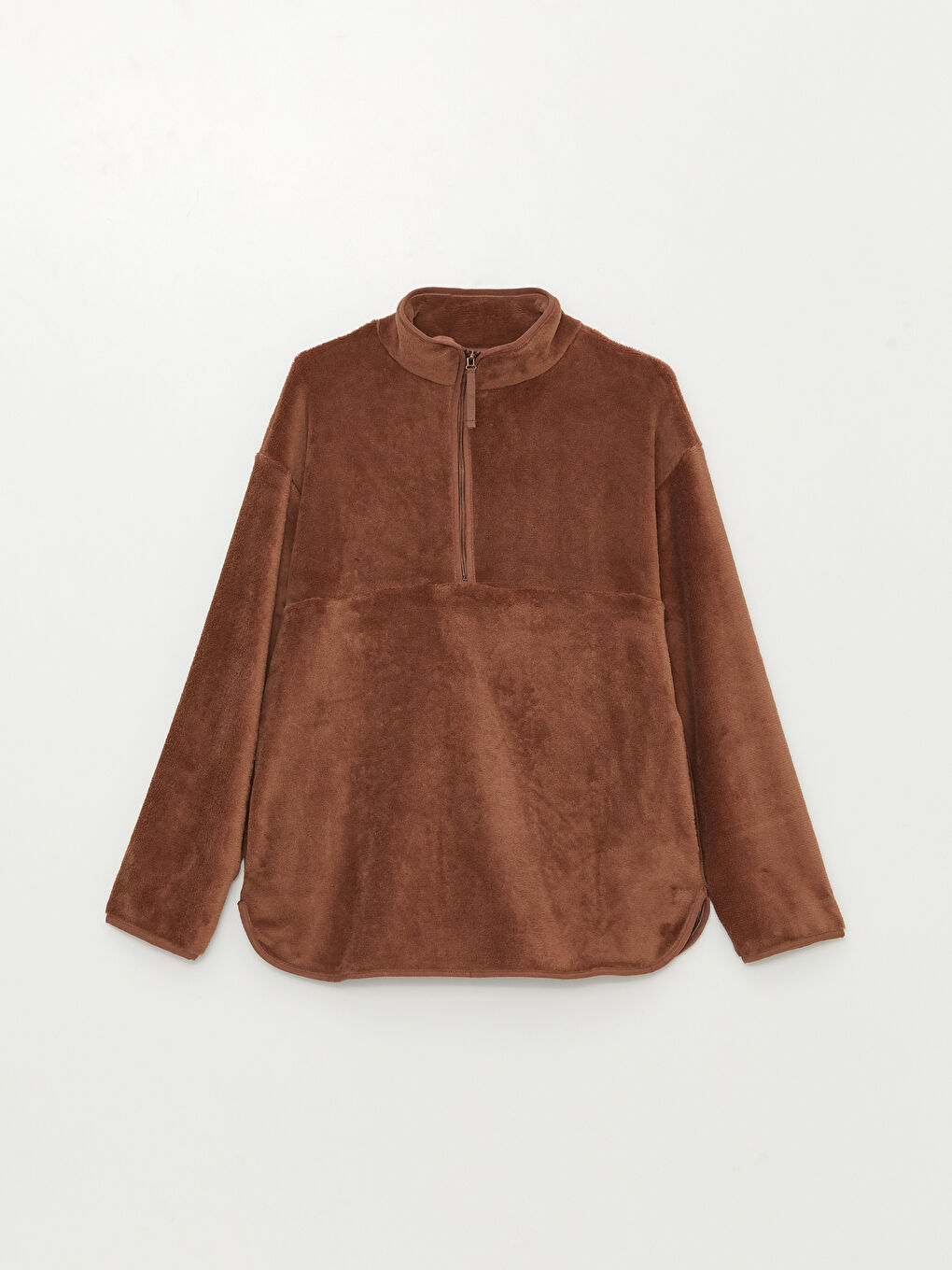Kahverengi Dik Yaka Düz Uzun Kollu Kadın Pelüş Sweatshirt-5
