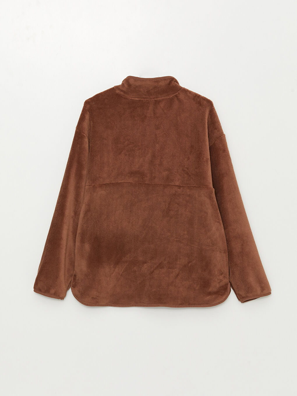 Kahverengi Dik Yaka Düz Uzun Kollu Kadın Pelüş Sweatshirt-6