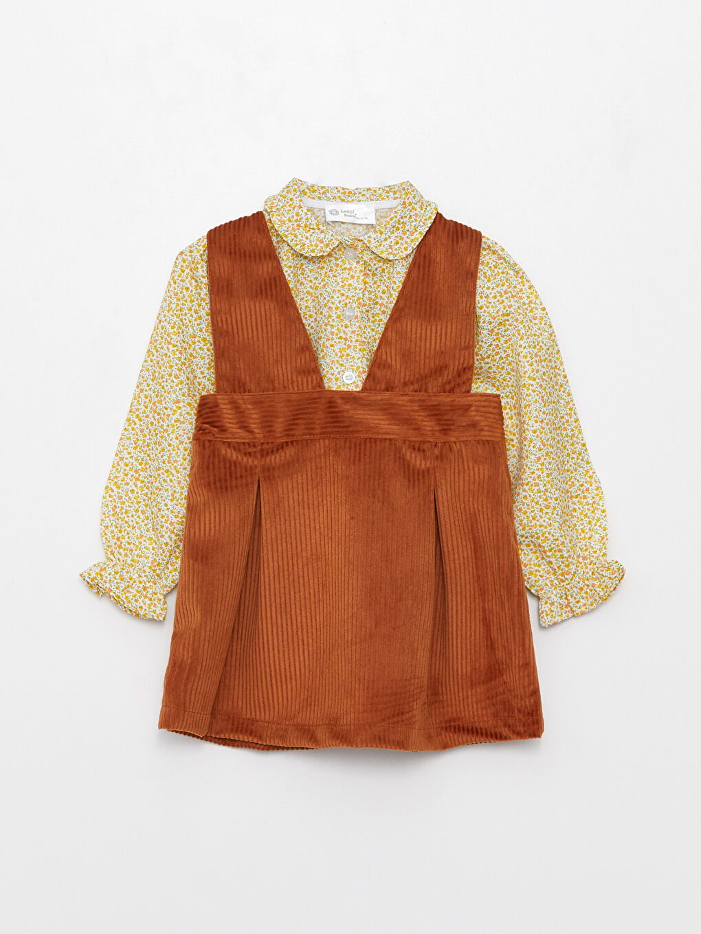 Bej Bebe Yaka Uzun Kollu Kız Bebek Gömlek ve Salopet Elbise 2'li Takım