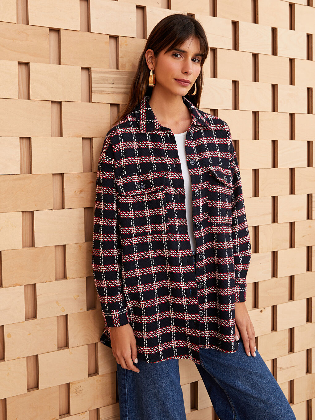 قميص خارجي تيويد نسائي منقوش كم طويل-1