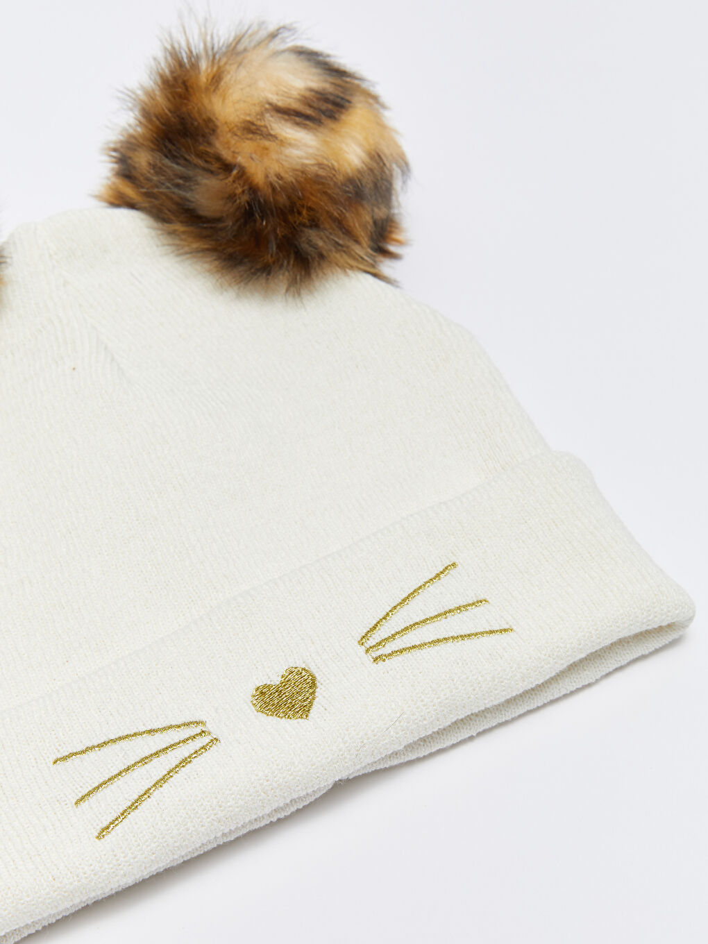 Ekru Nakışlı Ponponlu Kız Çocuk Triko Bere-1