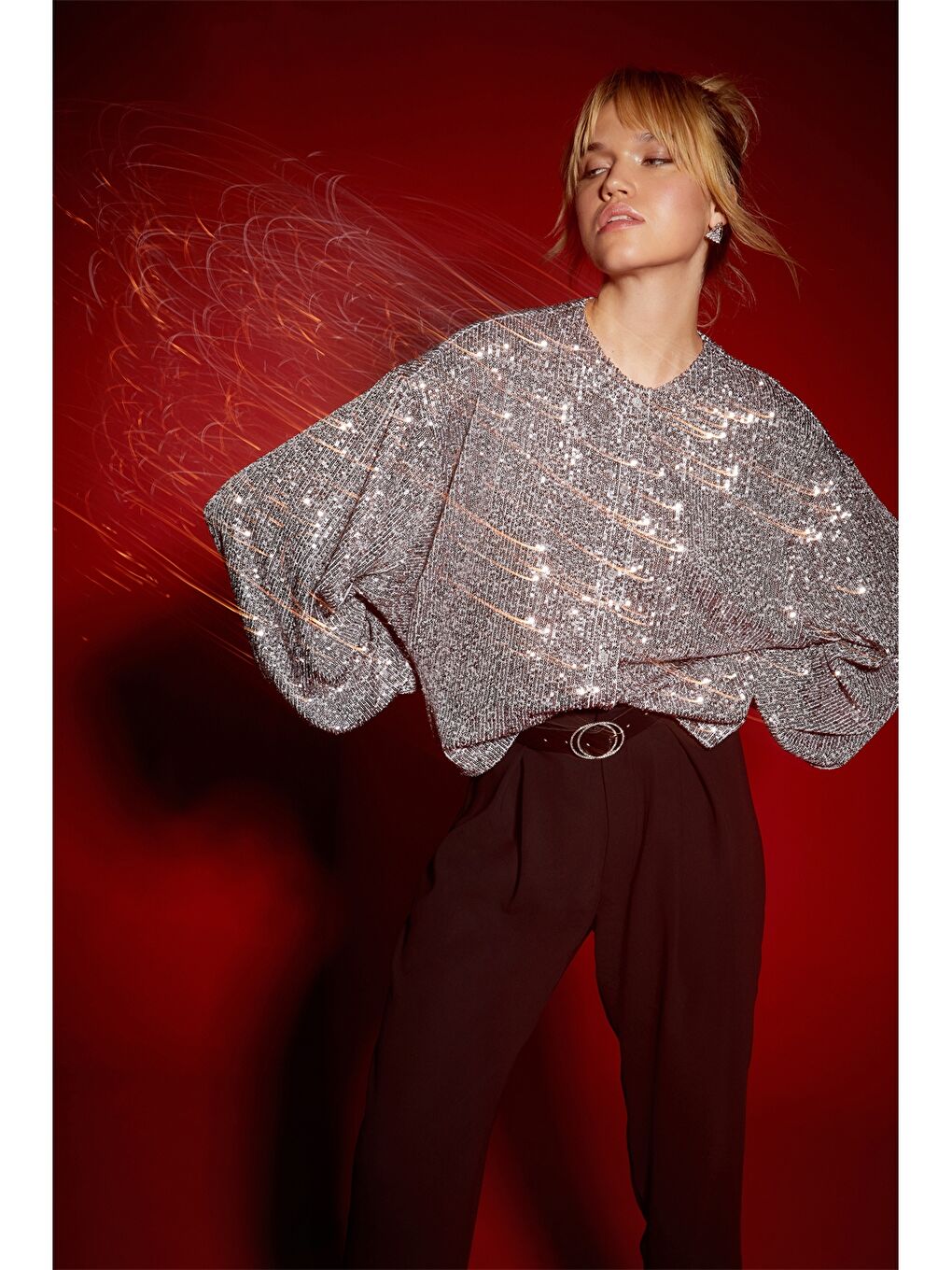 Gri Hakim Yaka Pul Payetli Kadın Gömlek-2