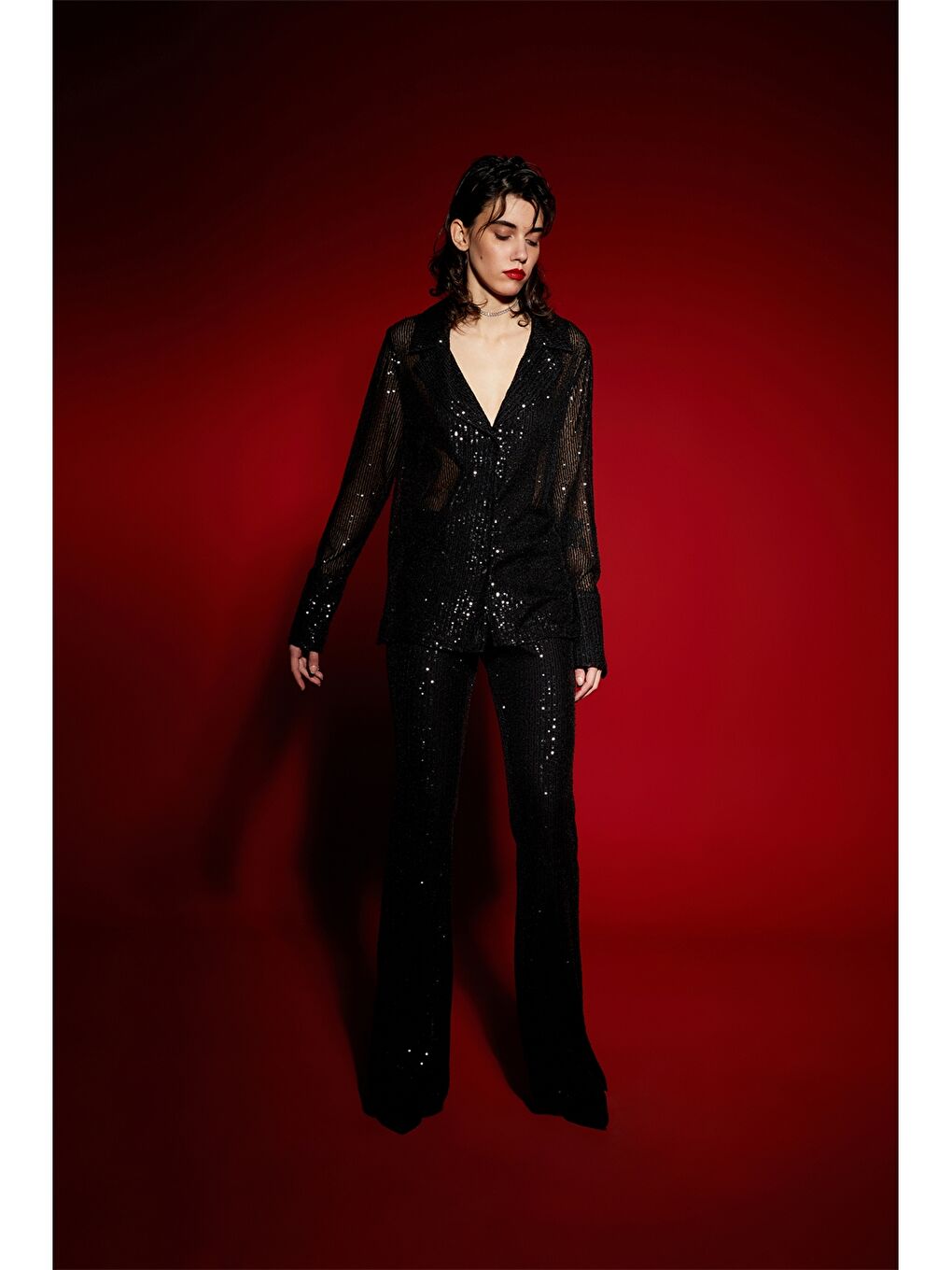 Siyah Pul Payetli Uzun Kollu Kadın Gömlek