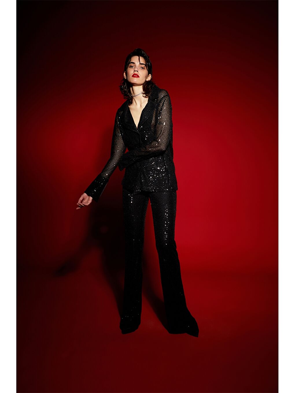 Siyah Pul Payetli Uzun Kollu Kadın Gömlek-2