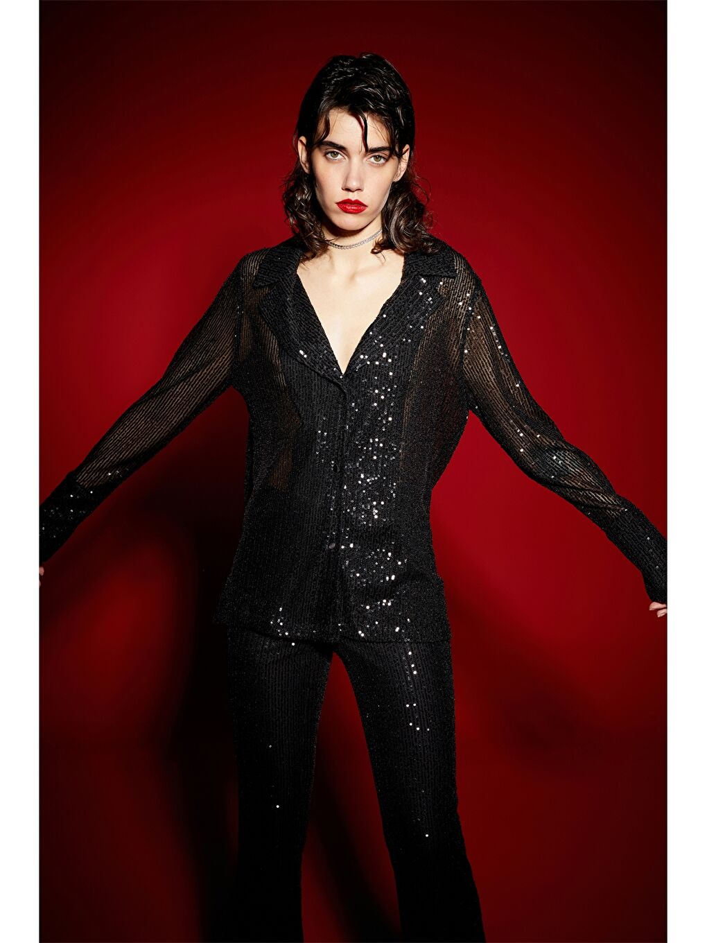 Siyah Pul Payetli Uzun Kollu Kadın Gömlek-3