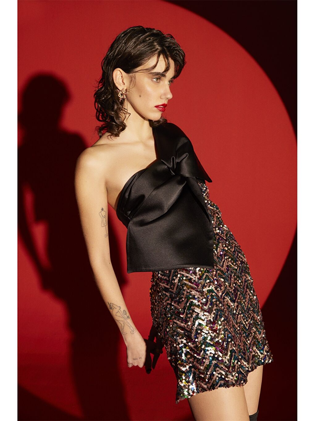 Siyah Tek Omuz Pul Payetli Kadın Elbise