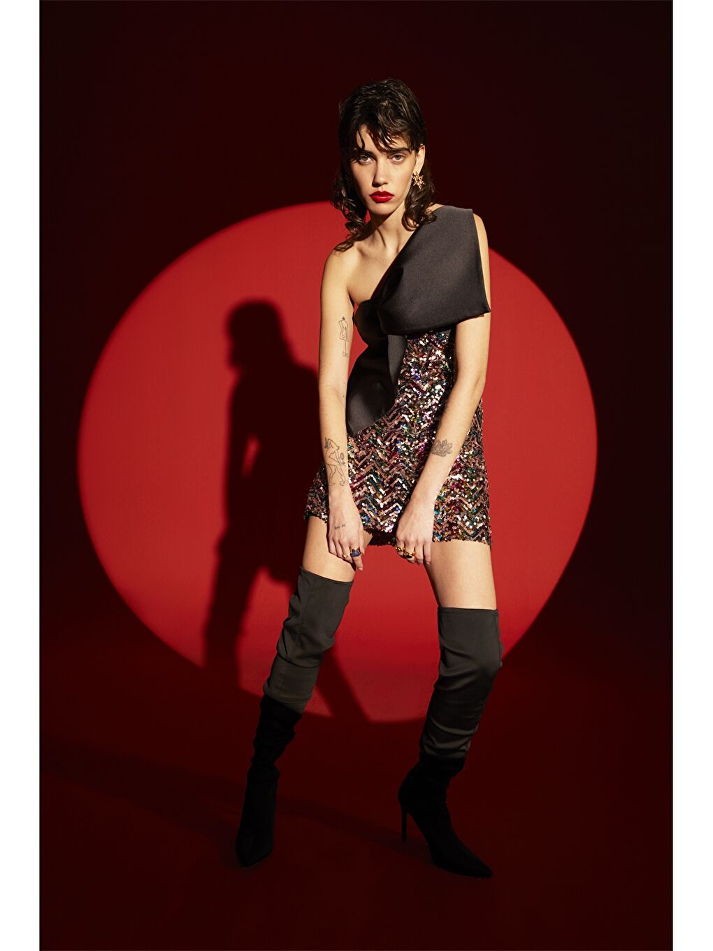 Siyah Tek Omuz Pul Payetli Kadın Elbise-1