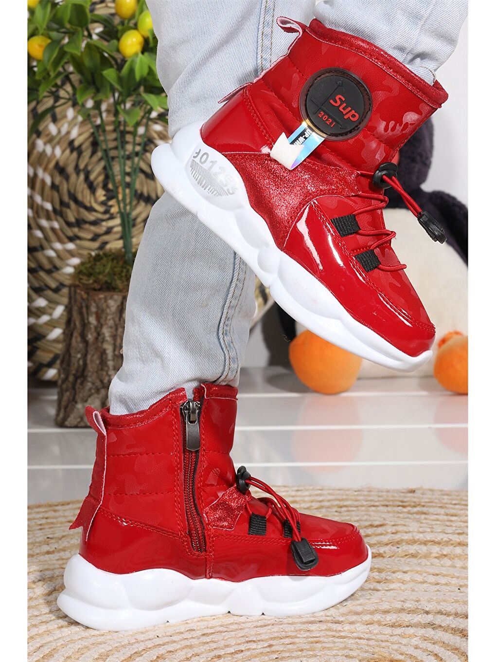 Kırmızı Baskılı Fermuarlı Kız Çocuk Kar Botu-1