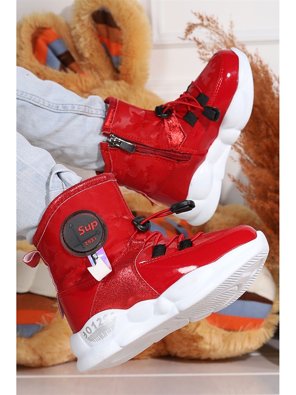 Kırmızı Baskılı Fermuarlı Kız Çocuk Kar Botu-2