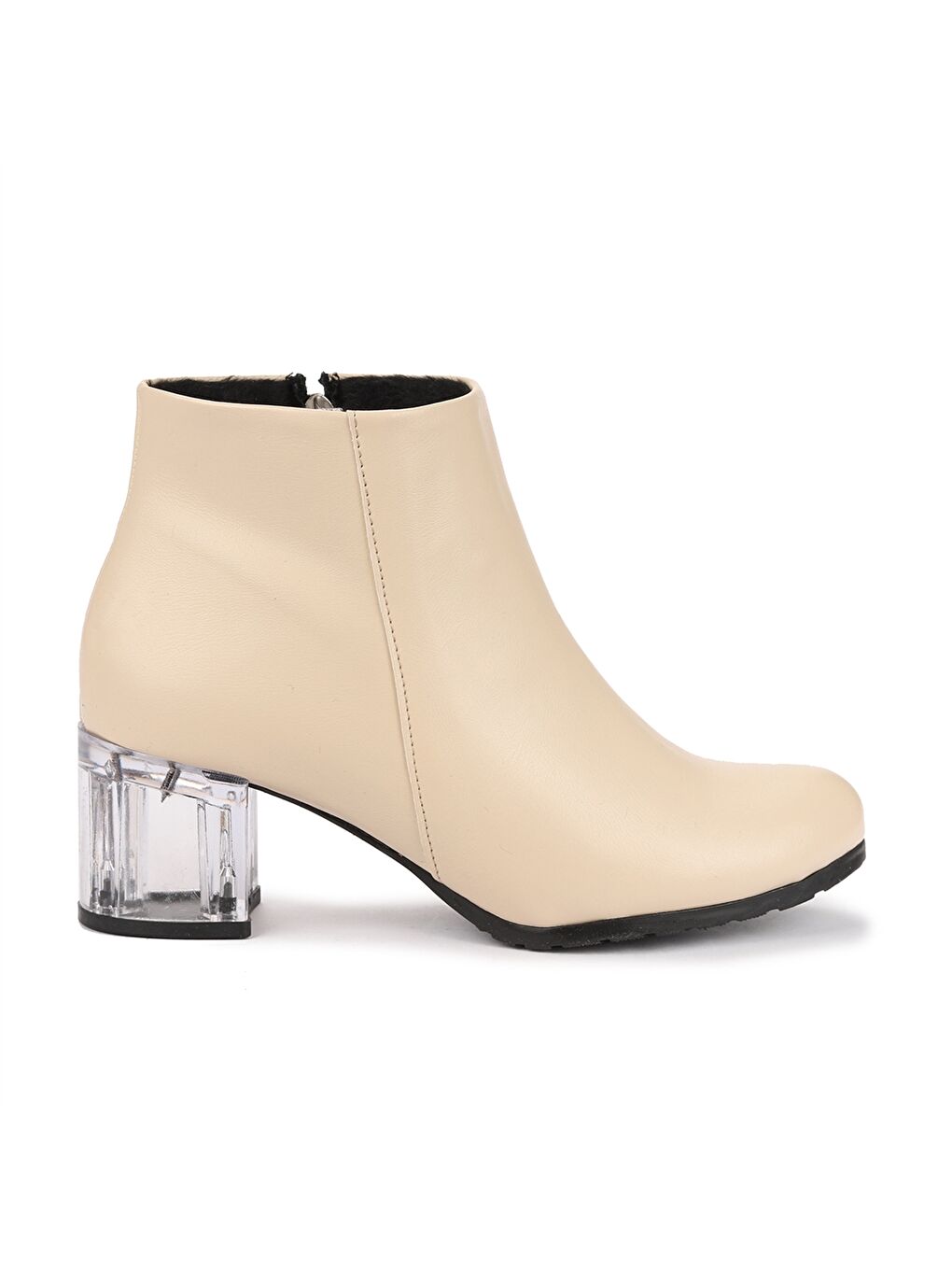 Bej Deri Görünümlü Fermuarlı Topuklu Kadın Bot-3